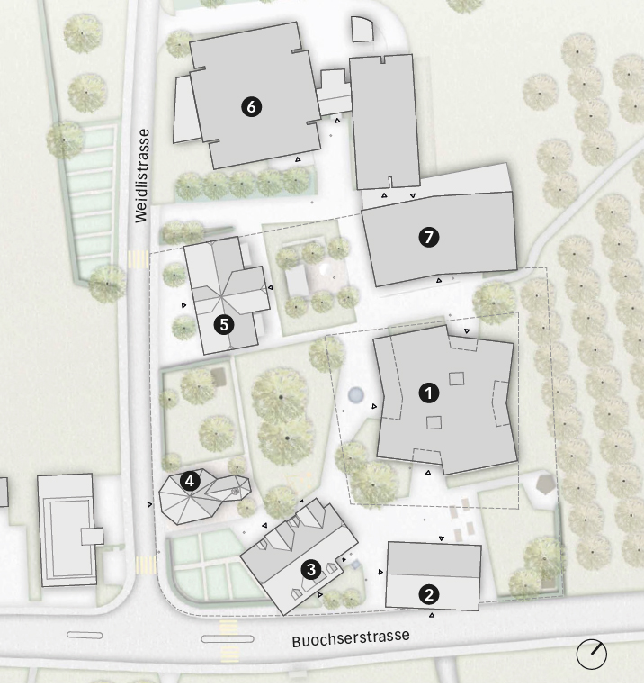 Siegerprojekt «Tilia», Situation. 1) Vorgesehener Neubau, 2) «Franzosengaden», 3) Wohnhaus Mettenweg (16. Jh.), 4) Bürgerheim-Kapelle Mettenweg (erbaut 1692), 5) Wohnhaus Centro (ehemals «Centro Italiano»), 6) Hauptgebäude Stiftung Weidli (1997), 7) Tagesstätte Stiftung Weidli (2016).