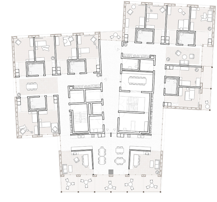 «Bei den Linden», Grundriss 1.–4. Obergeschoss. Der Entwurf trennt klar zwischen den privaten Zimmern und der öffentlichen Wohnküche. Verbunden sind sie durch einen langen Korridor. Der Wohnungsatmosphäre ebenfalls abträglich ist das öffentliche Vestibül zwischen den beiden Wohngruppen.