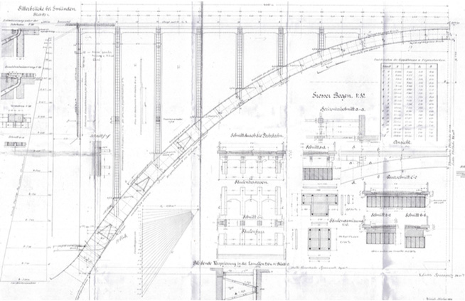 Instandsetzung der Gmündertobelbrücke: Brückenlängsschnitt von 1906.