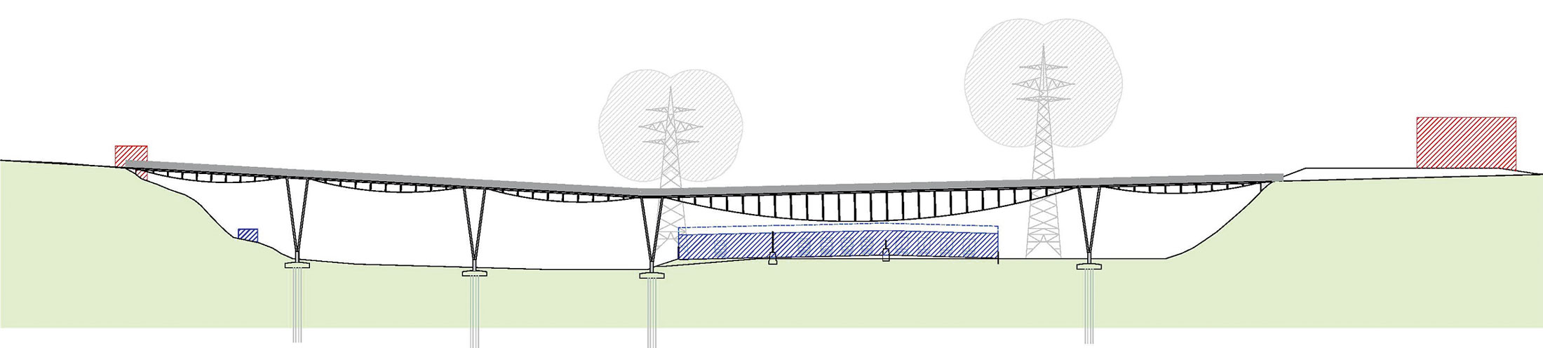 Il progetto di Fabio Appavou enfatizza l’attraversamento dell’autostrada con un manufatto di acciaio, sotteso attraverso 4 cavi, di circa 80 m di campata e 4 impalcati di raccordo di 35 m ciascuno