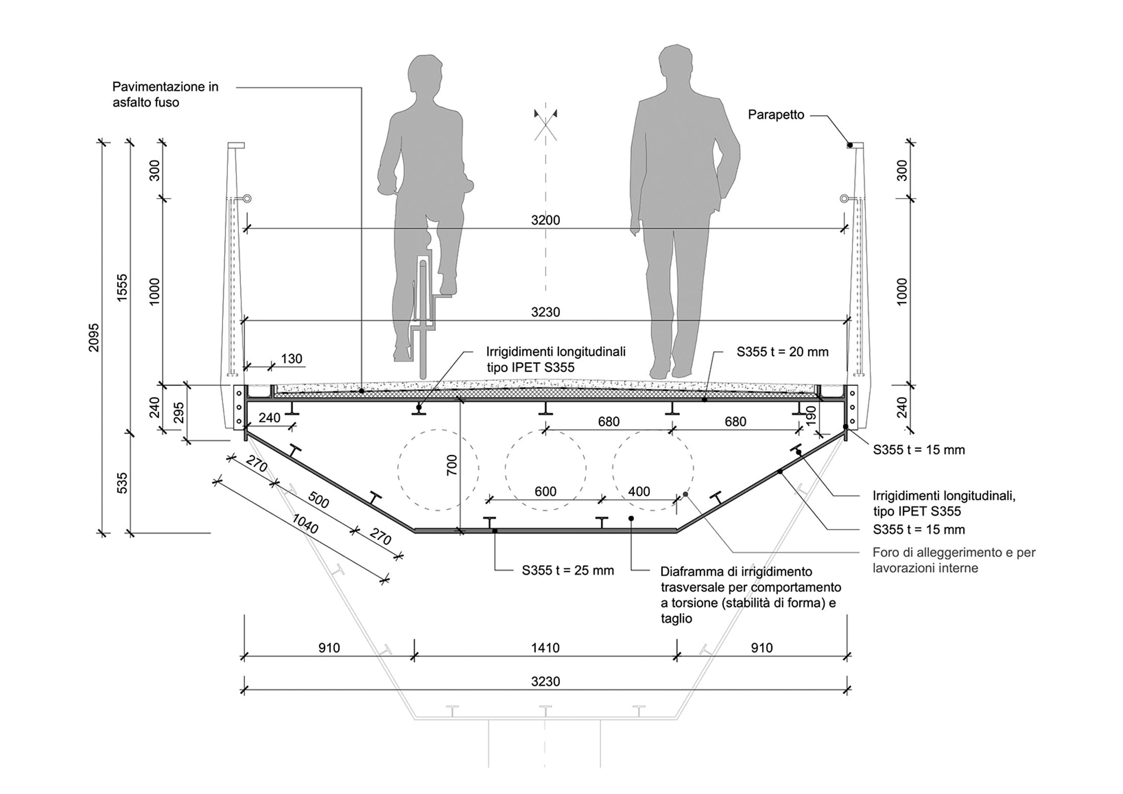 Il manufatto unico, progettato da Andrea Arzoni, dall’andamento planimetrico circolare e con un raggio costante di circa 285 m è costituito da una trave a cassone di acciaio, con valori d’inerzia e campate variabili. L’impalcato appoggia in cinque punti: sulle due spalle e su tre pilasti intermedi.