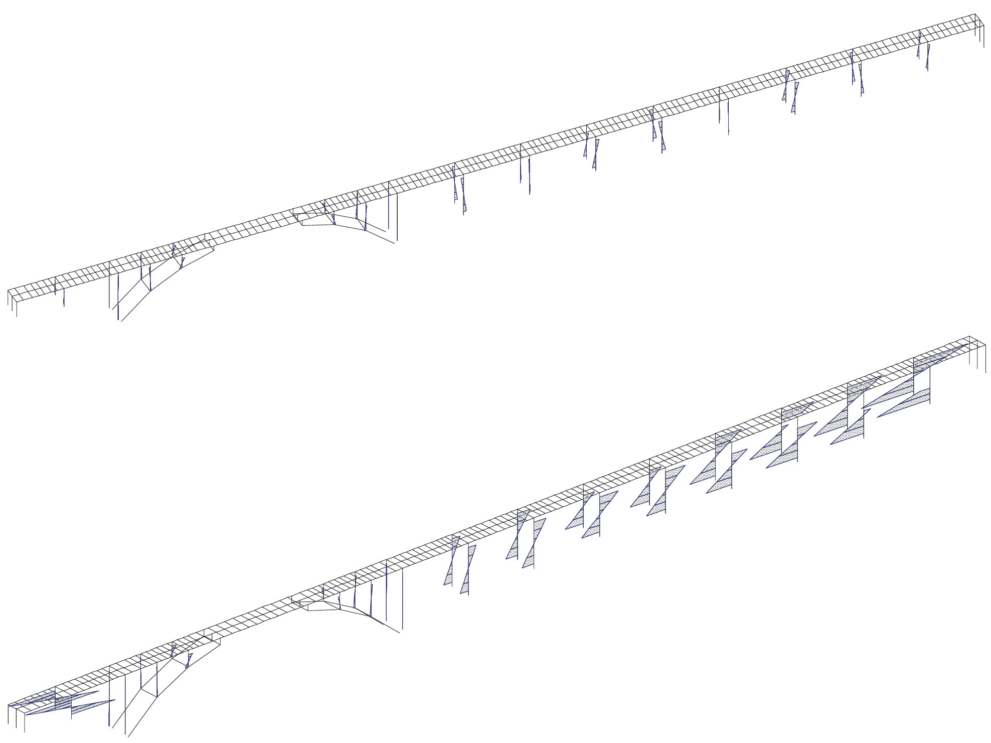 Modification des moments de flexion dans les piles (haut : système original ; bas : système statique en clavant les articulations Gerber)