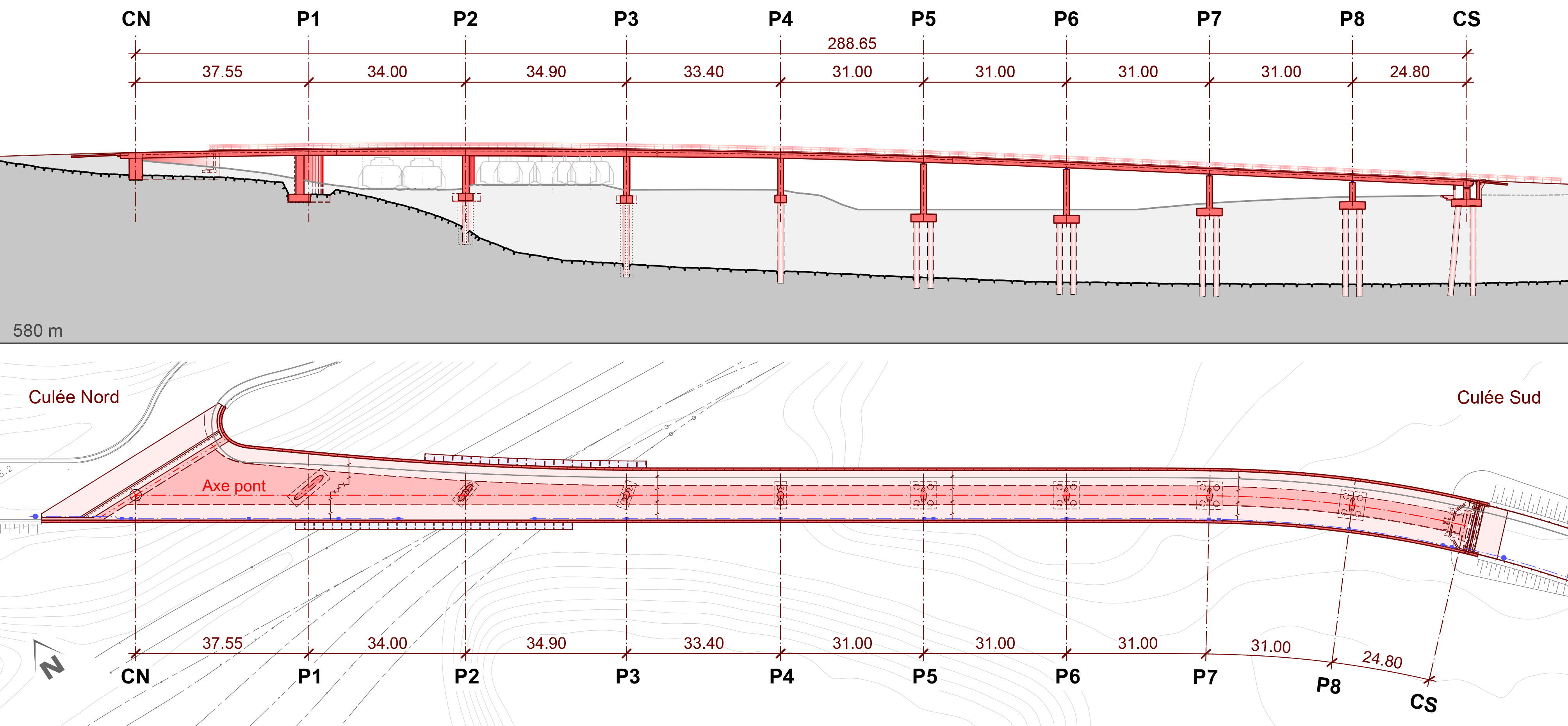 Coupe longitudinale et vue en plan