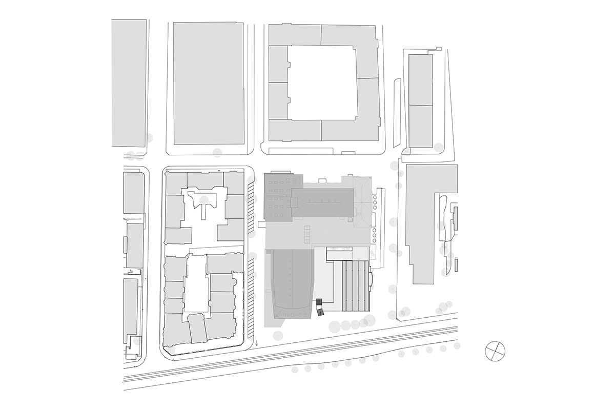 Situationsplan. Der bestehende Gebäudekomplex ist in fünf einzelne Baukörper (Lose) gegliedert: (I) Kongresssaal (II) Gartensaal (III) Foyer Kongresshaus (IV) Übungs- und Verwaltungstrakt (V) Tonhalle (Trocadéro)