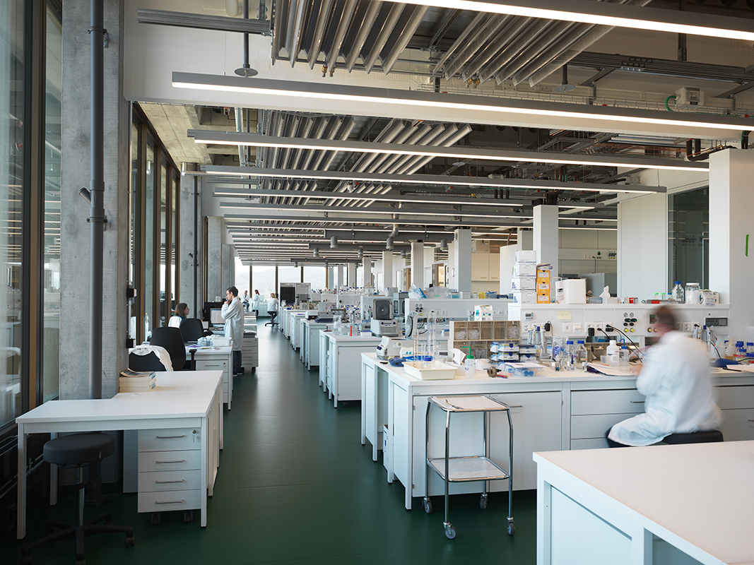 Nicht nur die Laborgeschosse besitzen im 14-geschossigen Schulkomplex selbst im Wintersemester dauerhaften Kühlbedarf.