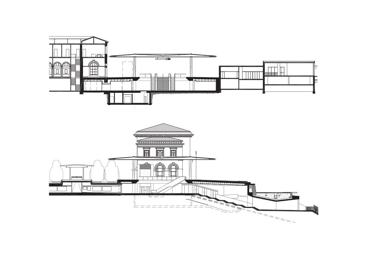 Sezione longitudinale e sezione trasversale della stazione di Lugano.
