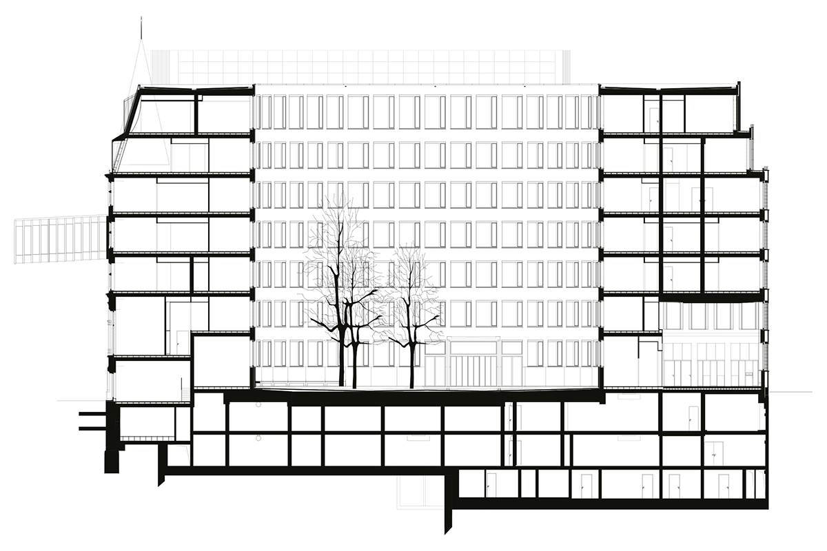 Längsschnitt durch das Gebäude. Die Büros sind jeweils zum Innenhof oder zur Aussenfassade hin orientiert.