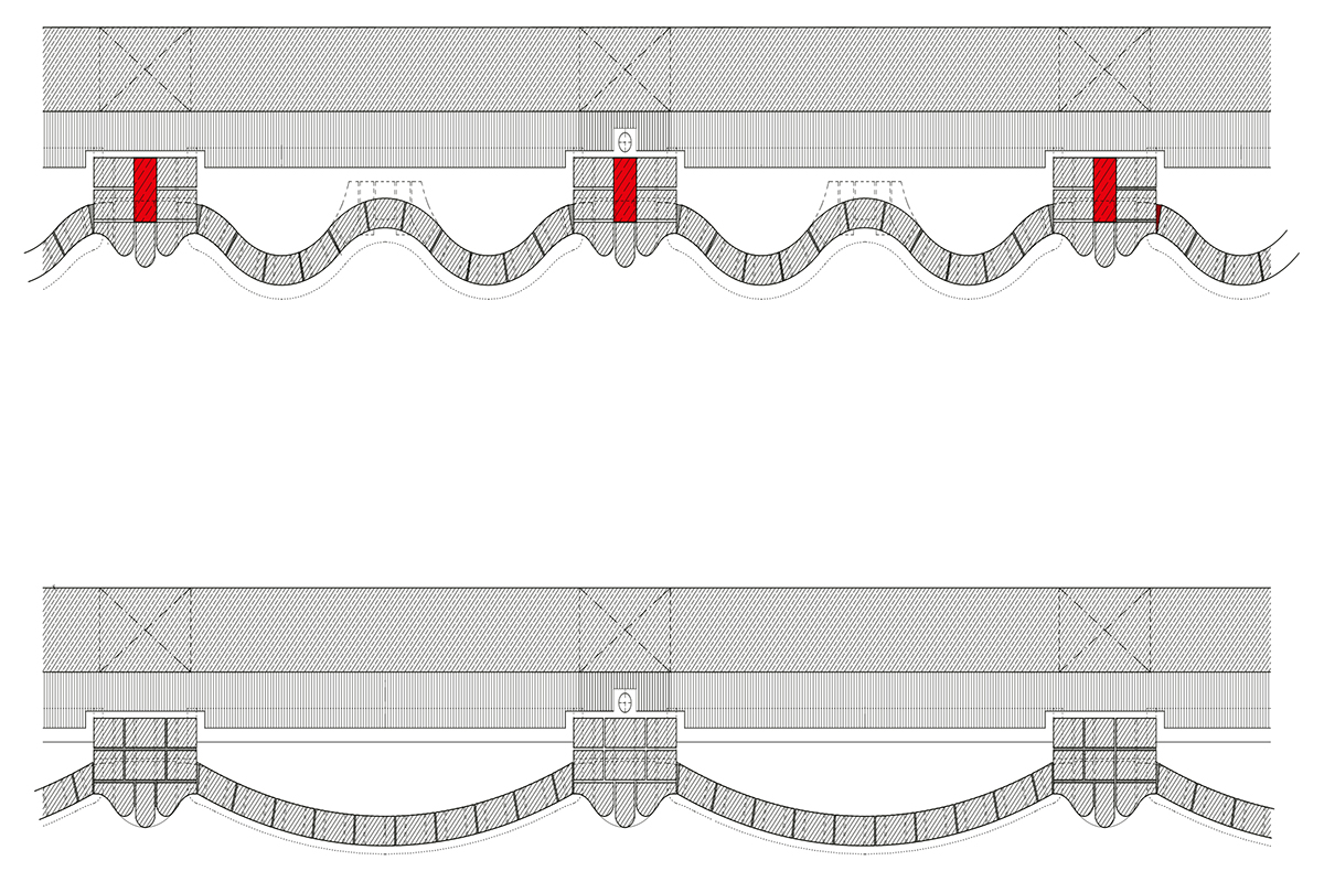 Bis auf die grossformatigen Abdeck­steine für die oberen Geschosse konnten die Steine maschinell hergestellt werden. Zum Einsatz kam dabei eine eigens weiterentwickelte Wasserstrichpresse, die 16 unterschiedliche Formsteine gleichzeitig pressen kann. Für die gleichmässige Wellenform der Brüstungen wurden die Steine individuell eingekürzt und die Winkel abgeschnitten.