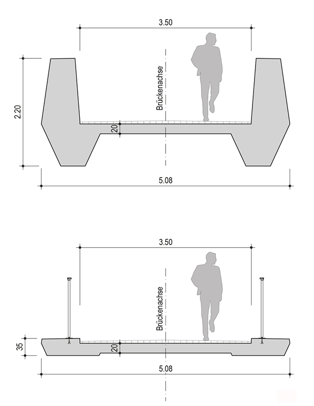 Querschnitt vor dem Widerlager (oben) und in Feldmitte.
