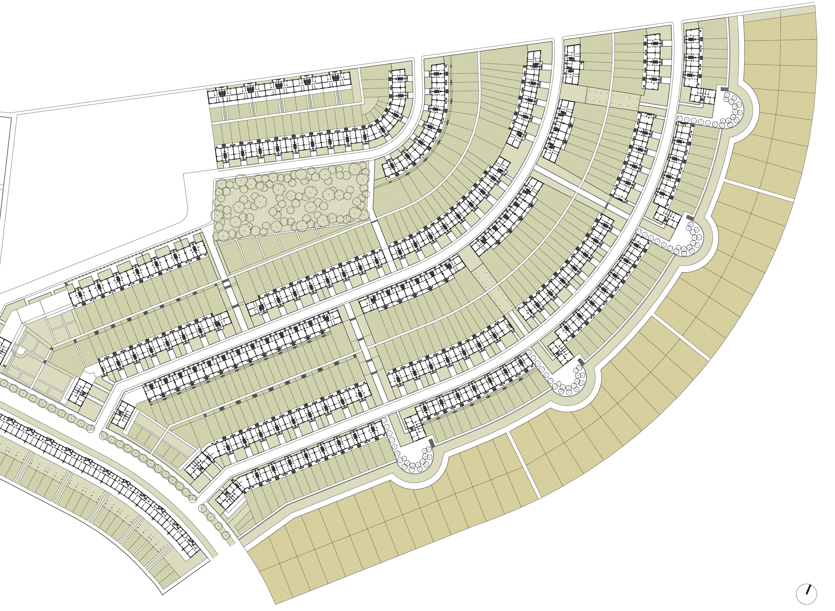 Francfort L’extrait de l’assemblage typologique de la Siedlung Römerstadt montre le système qui articule les jardins des maisons unifamiliales aux jardins collectifs des immeubles. Siedlung Römerstadt (1927-1928) E. May, H. Boehm, W. Bangert, C. H. Rudloff, F. Schuster, L. Migge Logements : 1182 Densité : 0.40 Occupation du sol : 16 % Surface verte : 166 868 m2