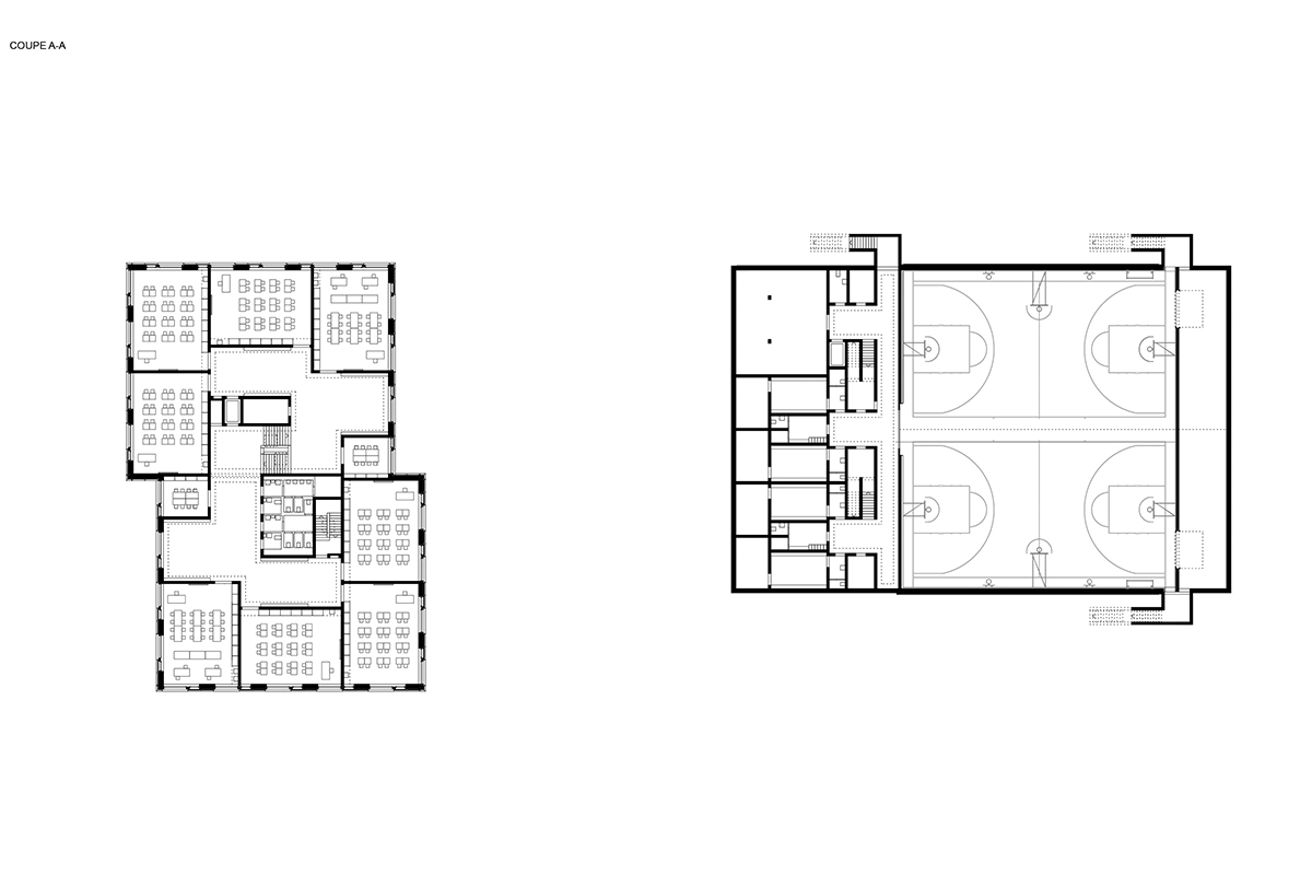 Grundriss 1. OG (Schule) und UG (Doppelturnhalle). Die Gliederung der Schule in zwei Quadranten schafft ­kleine Raumeinheiten, bestehend aus drei Kindergärten und einem Gruppenraum im EG oder aus vier Klassenzimmern und ­einem ­Gruppenraum in den Obergeschossen.