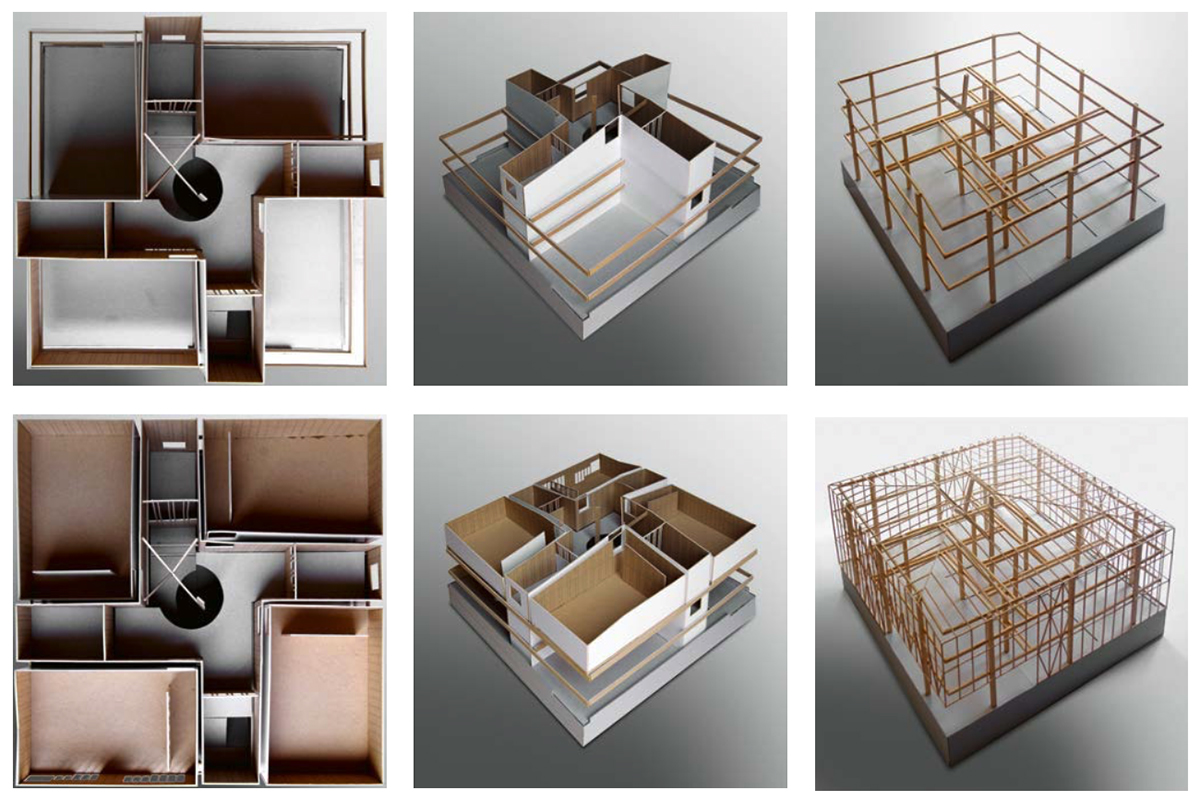 Entwicklung der Innenräume am Modell: Die Kindergärten und Klassenzimmer liegen in den Gebäudeecken. Sie wirken fast wie Restflächen des zentralen Foyers, das zusammen mit den angehängten Nebenräumen an die Flügel einer Windmühle erinnert.