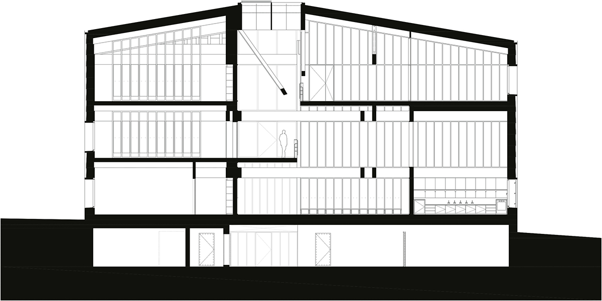 Schnitt durch Klassenräume und das zentrale Foyer.