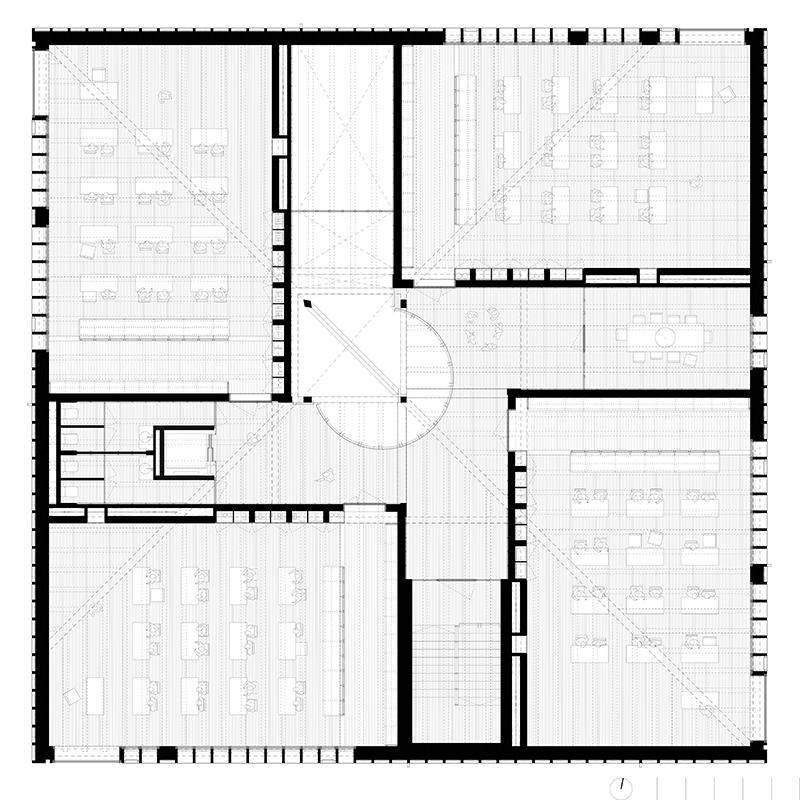 Grundriss 2. OG. Sanitärkern und Treppenhaus liegen jeweils am gleichen Ort, ein Zusatzraum und der Ausschnitt aus der Bodenplatte alternieren zwischen den ­Geschossen.