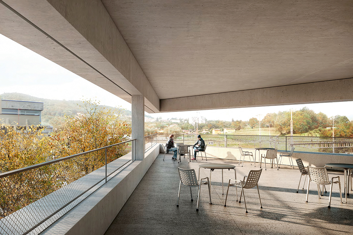 1. Preis: Das abgeschrägte Ende des Baukörpers im Westen öffnet sich in allen Ober­geschossen zu einer überdachten Terrasse.