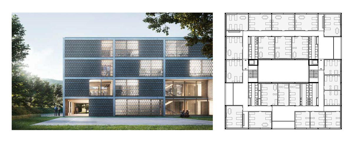 2. Rang, 2. Preis «Camaleonte»: Die modulare Bauweise gibt die Funktion des Gebäudes nicht zu erkennen. Die durchbrochenen Betonfassadenelemente grenzen das Gebäude stark vom Aussenraum ab. Grundriss 1. OG.