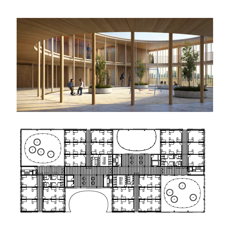 3. Rang, 1. Ankauf «Di Passaggio»: Das Spiel der Holzlamellen, die gegen oben immer luftiger gesetzt sind, gibt dem Gebäude ein abwechslungsreiches Erscheinungsbild. Die teils innerhalb, teils an den Rändern des Volumens liegenden Höfe bieten ein spannungsvolles Verhältnis zwischen innen und aussen. Grundriss 1. OG.