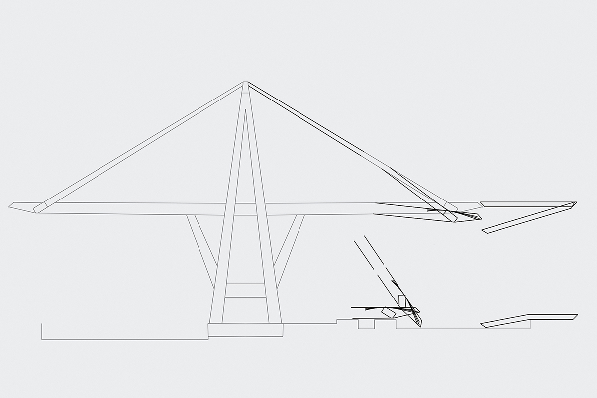Hypothese zum Ablauf des Einsturzes (Skizze): Die stärker bewehrten Teile der Fahrbahnplatte sind schematisch angedeutet. Das südöstliche Tragseil reisst als Erstes. Dadurch senkt sich die südöstliche Ecke der Fahrbahnplatte am System 9, und der östliche Gerberträger fällt mit seiner südwestlichen Ecke zuerst hinunter auf die Gleise. Die Brückenplatte reisst im schwach bewehrten Abschnitt (zwischen Stützen und Aufhängung, wohl auch zwischen den Pylonen) und stürzt auf die Gleise; aus den Bild