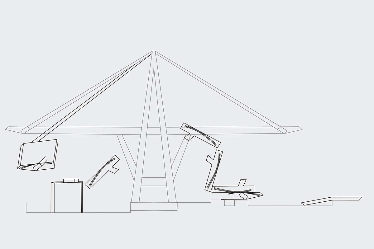 Der schwere, stabilere Abschnitt der Brückenplatte im Bereich der Stützen auf der Ostseite kippt nach vorn und rotiert um 180°. Die nach Osten auskragenden Pfeiler brechen dabei ab. Die Brückenplatte landet auf den bereits liegenden Trümmern (Fahrbahnplatte mit Aufhängung). Auch westlich der Pylone bricht die schwächer bewehrte Brückenplatte. Die Aufhängung (perspektivisch angedeutet) senkt sich zuerst im Süden (südliches Seil versagt zuerst), wird vom nördlichen Seil regelrecht nach Norden in