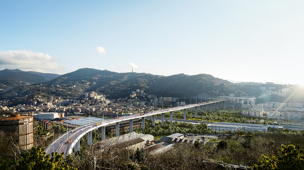 Visualisierung der neuen Polcevera-Brücke, die auf einen Entwurf von Renzo Piano zurückgeht und bis in zwölf Monaten stehen soll.
