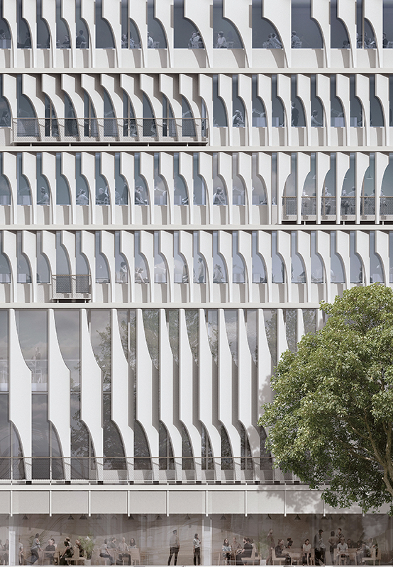 Siegerprojekt «Gloria», Visualisierung der Fassade: Die Form der Lamellen soll im unteren Teil den Blick nach aussen ermöglichen, im oberen vor der Sonneneinstrahlung schützen.