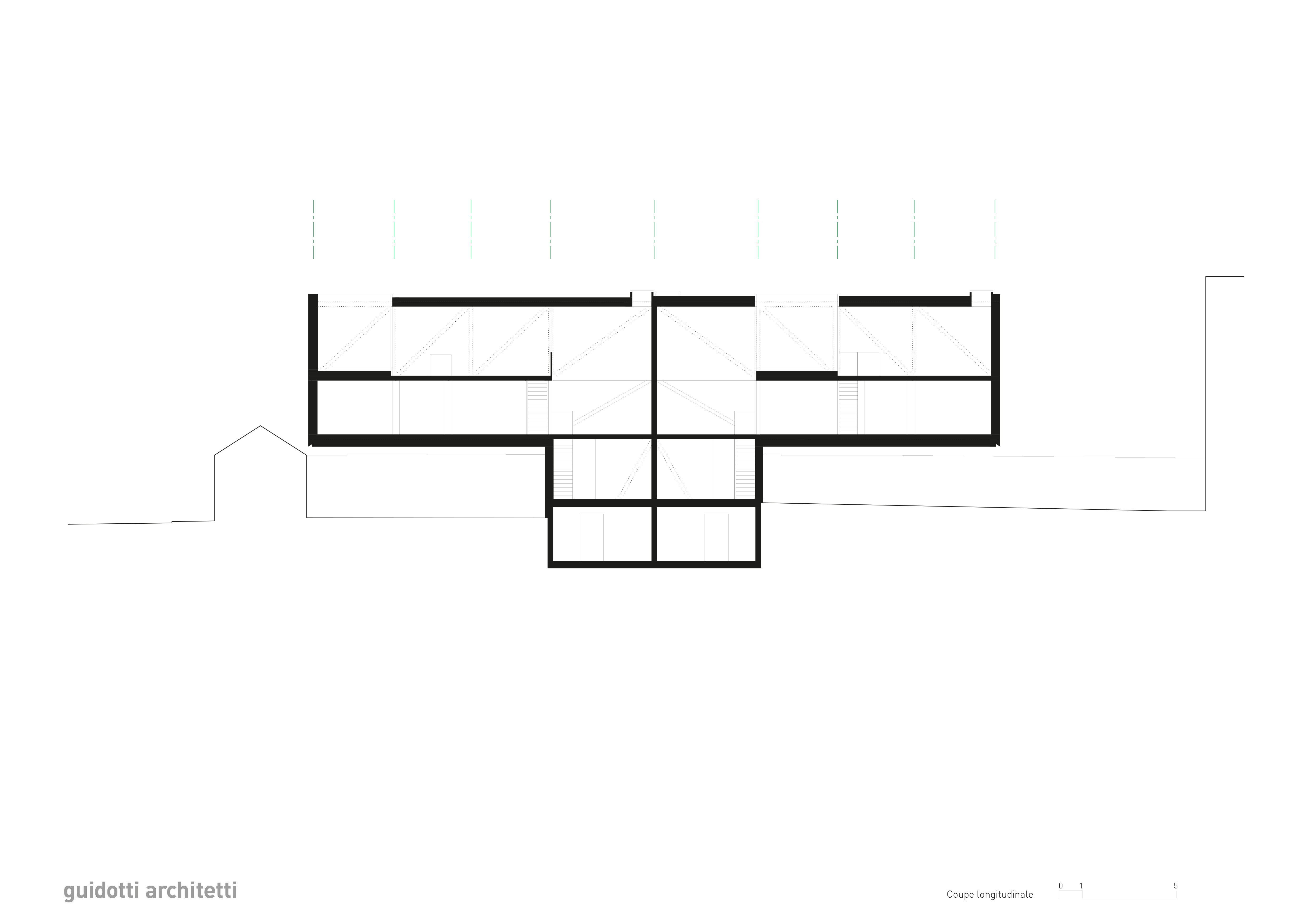 Coupe longitudinale Casa ex parrocchiale, Monte Carasso (TI) Architecte: Guidotti Architetti, Monte Carasso Réalisation: 2016-2017