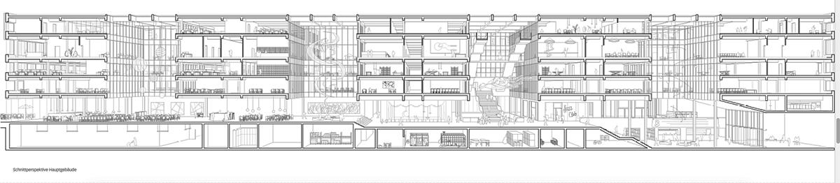 3. Rang, 2. Preis: «Aeskulap», Schnittperspektive Hauptgebäude.