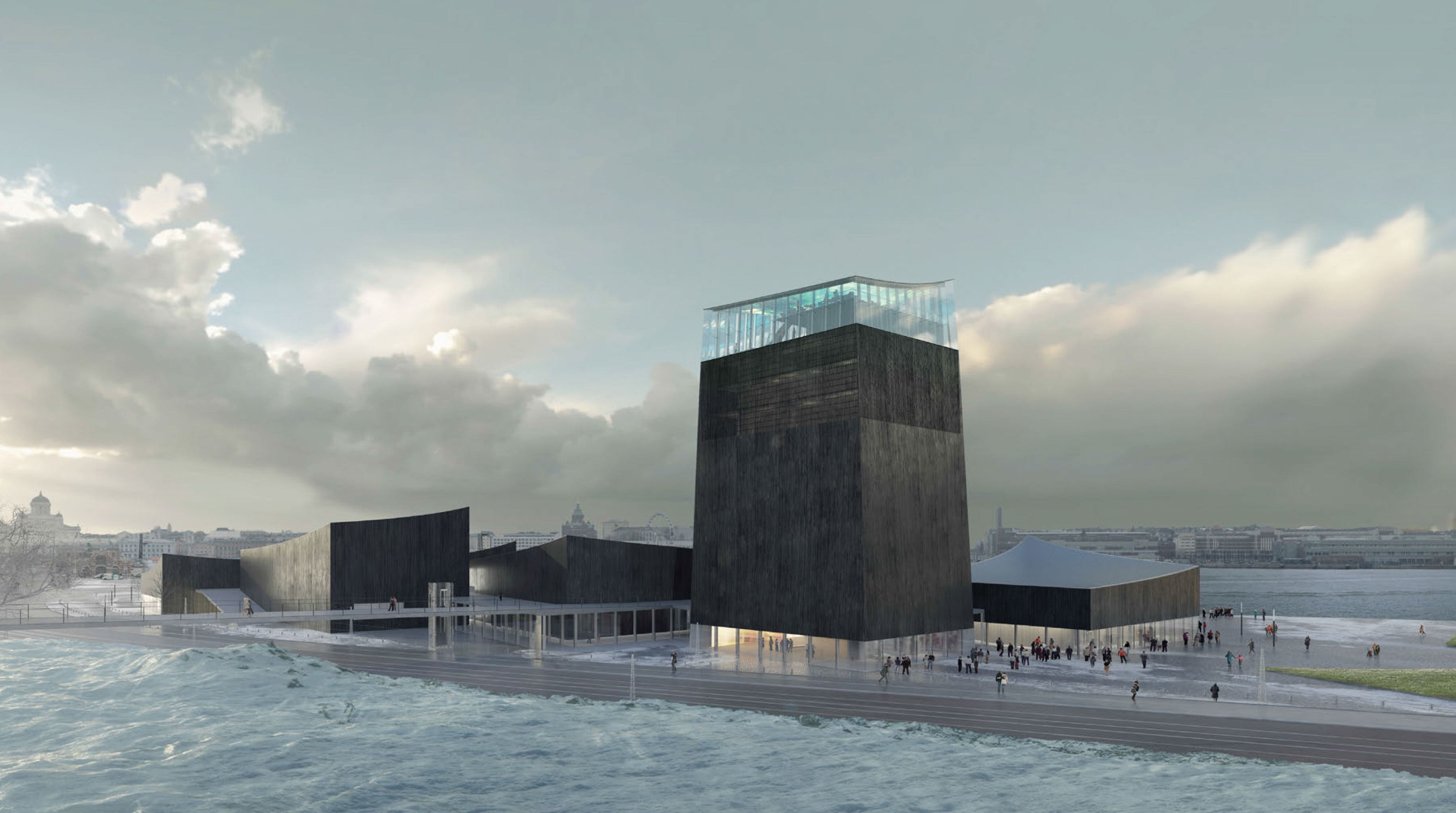 Projet Art in the City. Le projet du bureau Moreau Kusunoki pour la Fondation Solomon R. Guggenheim s’articule autour de 9 pavillons en bois et verre, reliés par une rue couverte paysagère. Un phare ponctue la proposition et offre une nouvelle perspective de la ville.