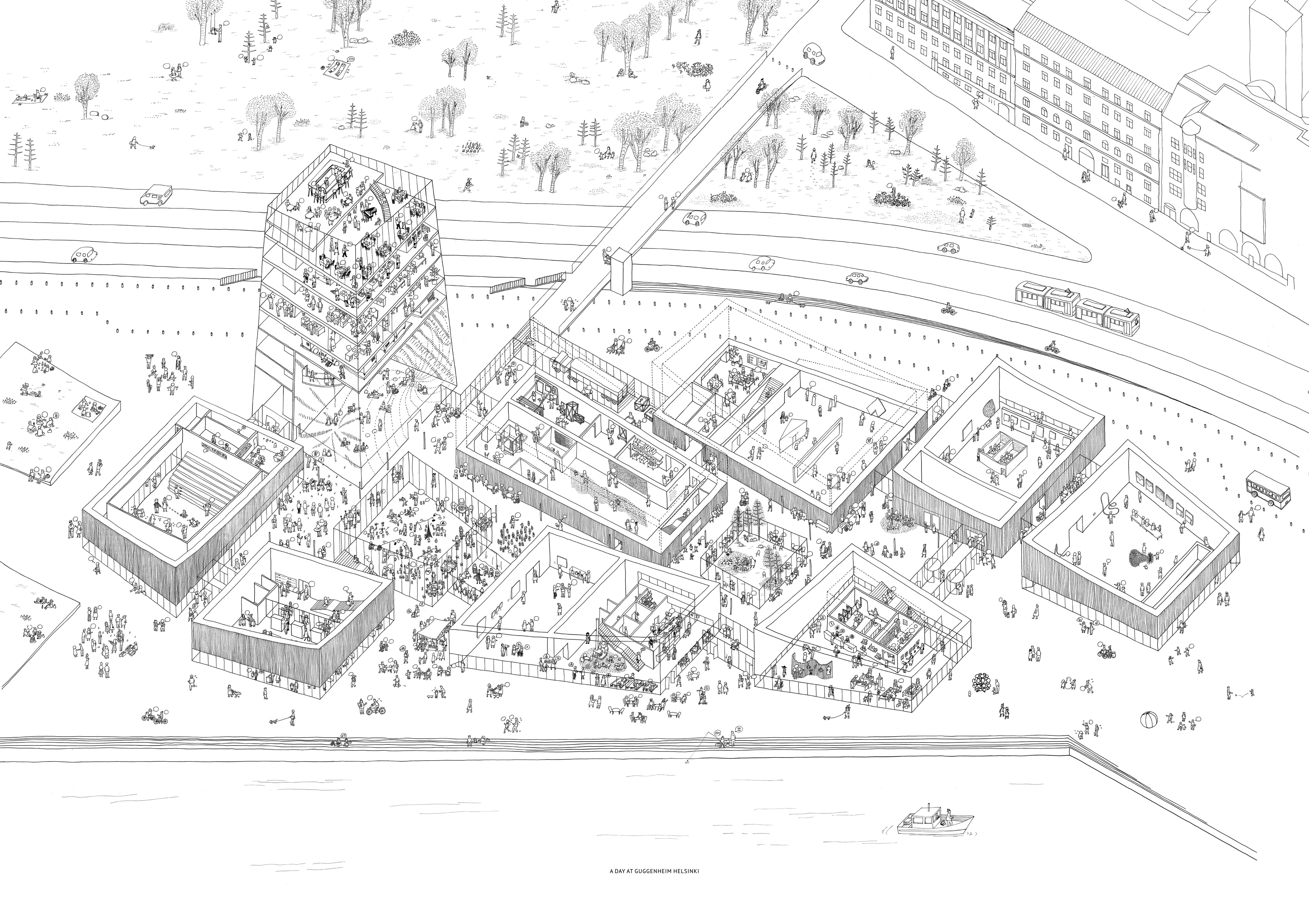 Projet Art in thé City. Le projet du bureau Moreau Kusunoki pour la Fondation Solomon R. Guggenheim s’articule autour de 9 pavillons en bois et verre, reliés par une rue couverte paysagère. Un phare ponctue la proposition et offre une nouvelle perspective de la ville.