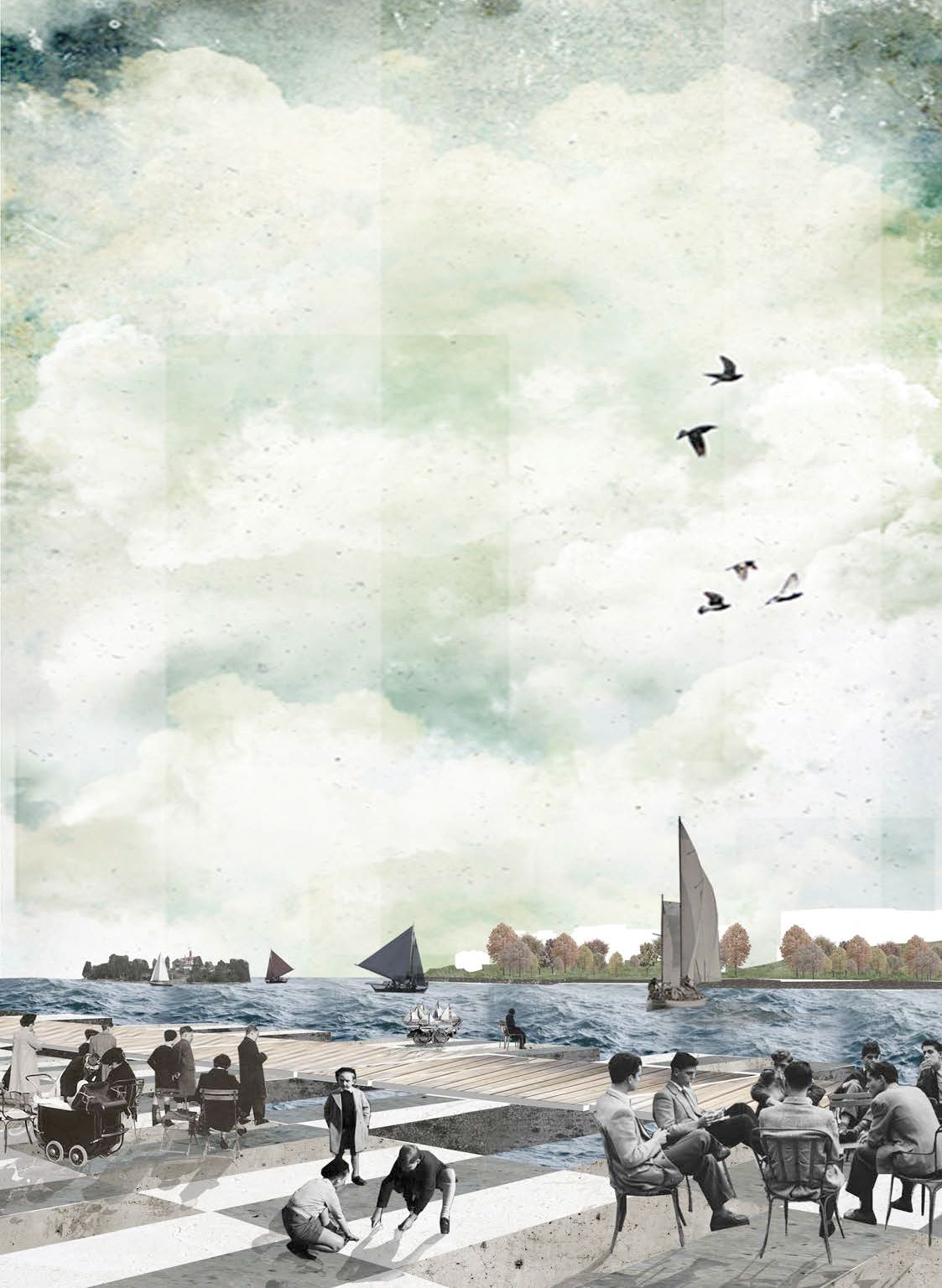 Projet Landscaped Dock. La proposition de Mathilde Lull et François Perrier, relativement concrète et simple, propose de réorganiser le sud du port en un long deck hiérarchisé en différentes séquences.