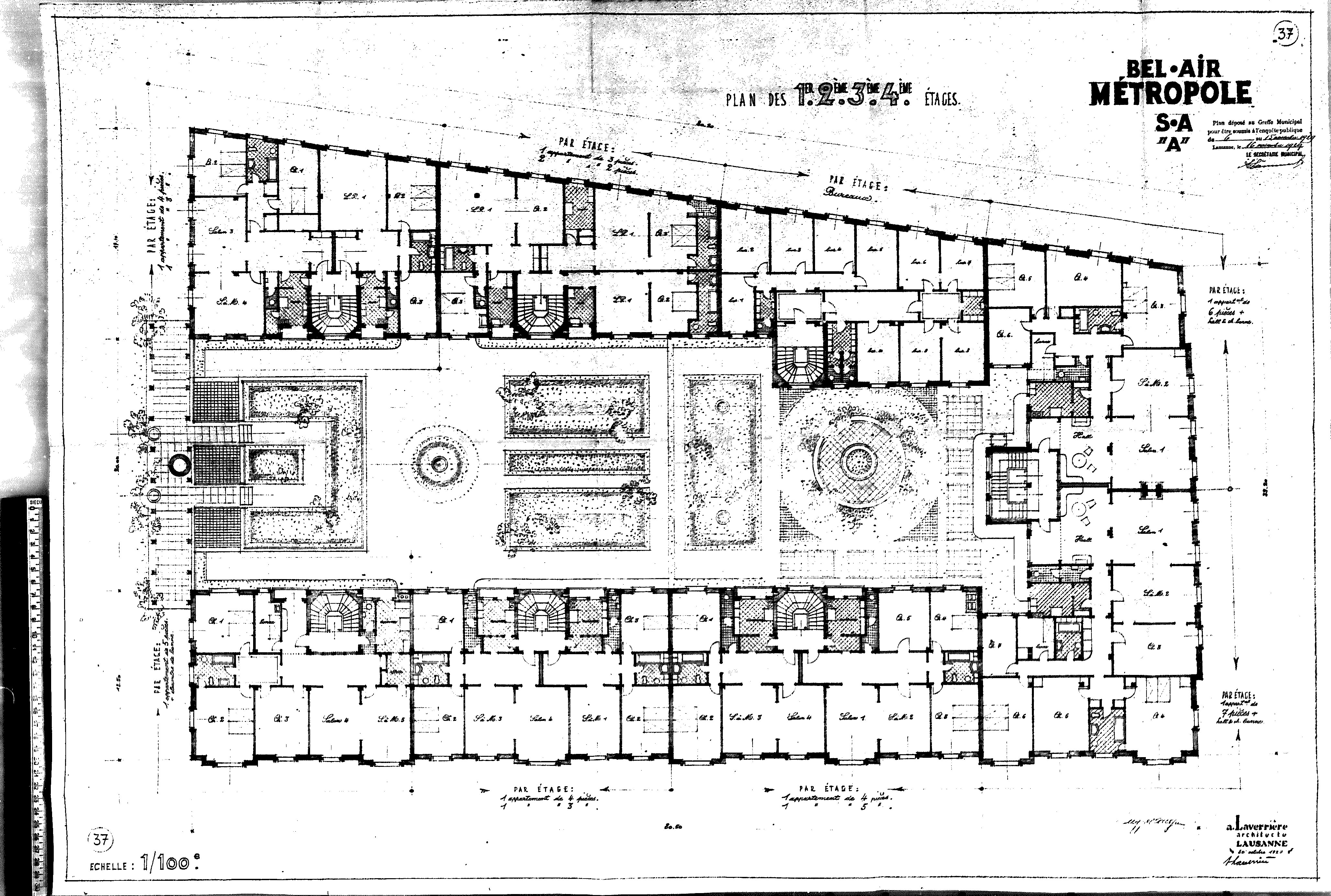 Plan d’origine des premiers étages (Archives de la Ville de Lausanne)