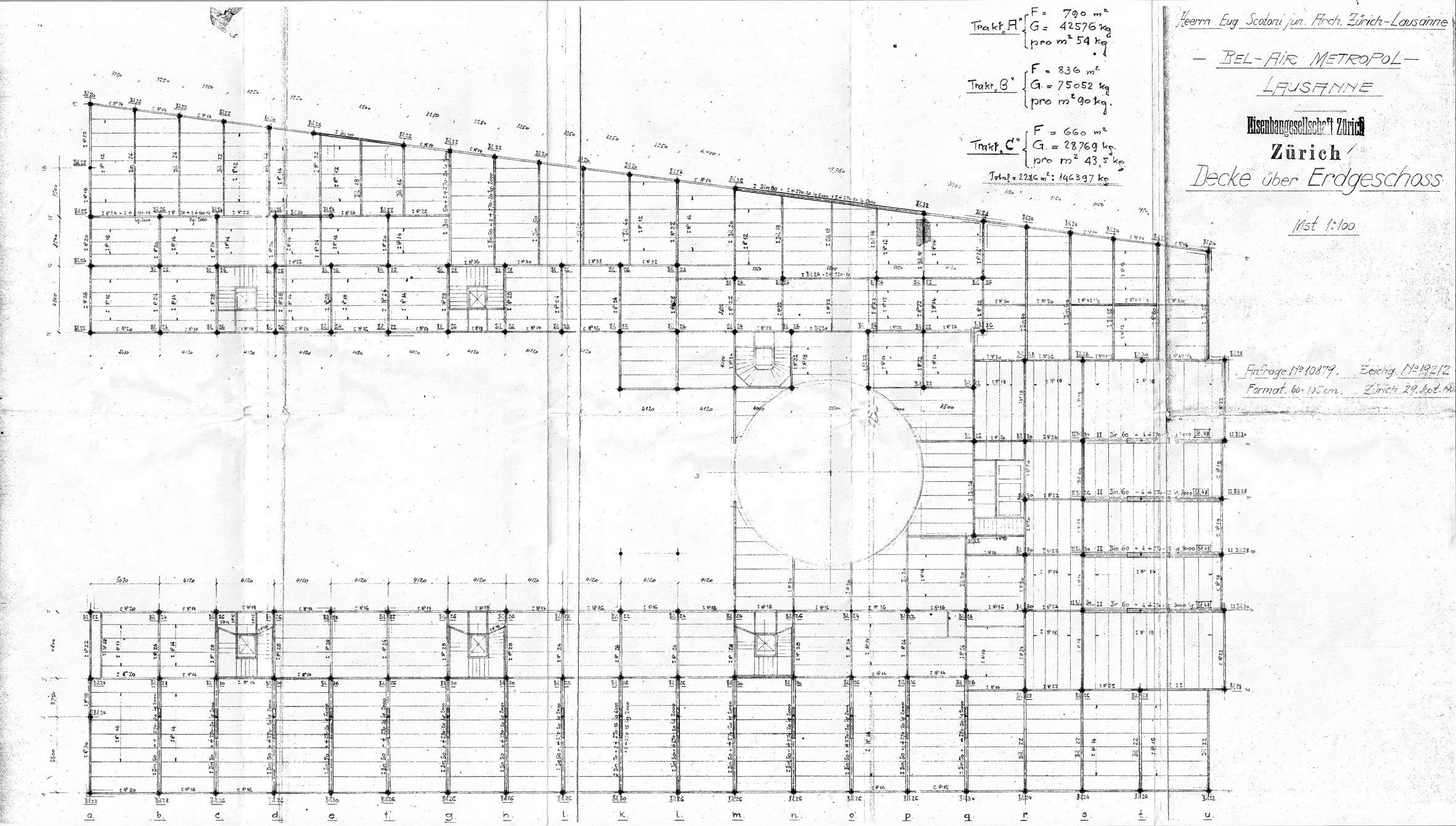 Plan de la structure de la charpente sur rez (Eugène Scotoni)