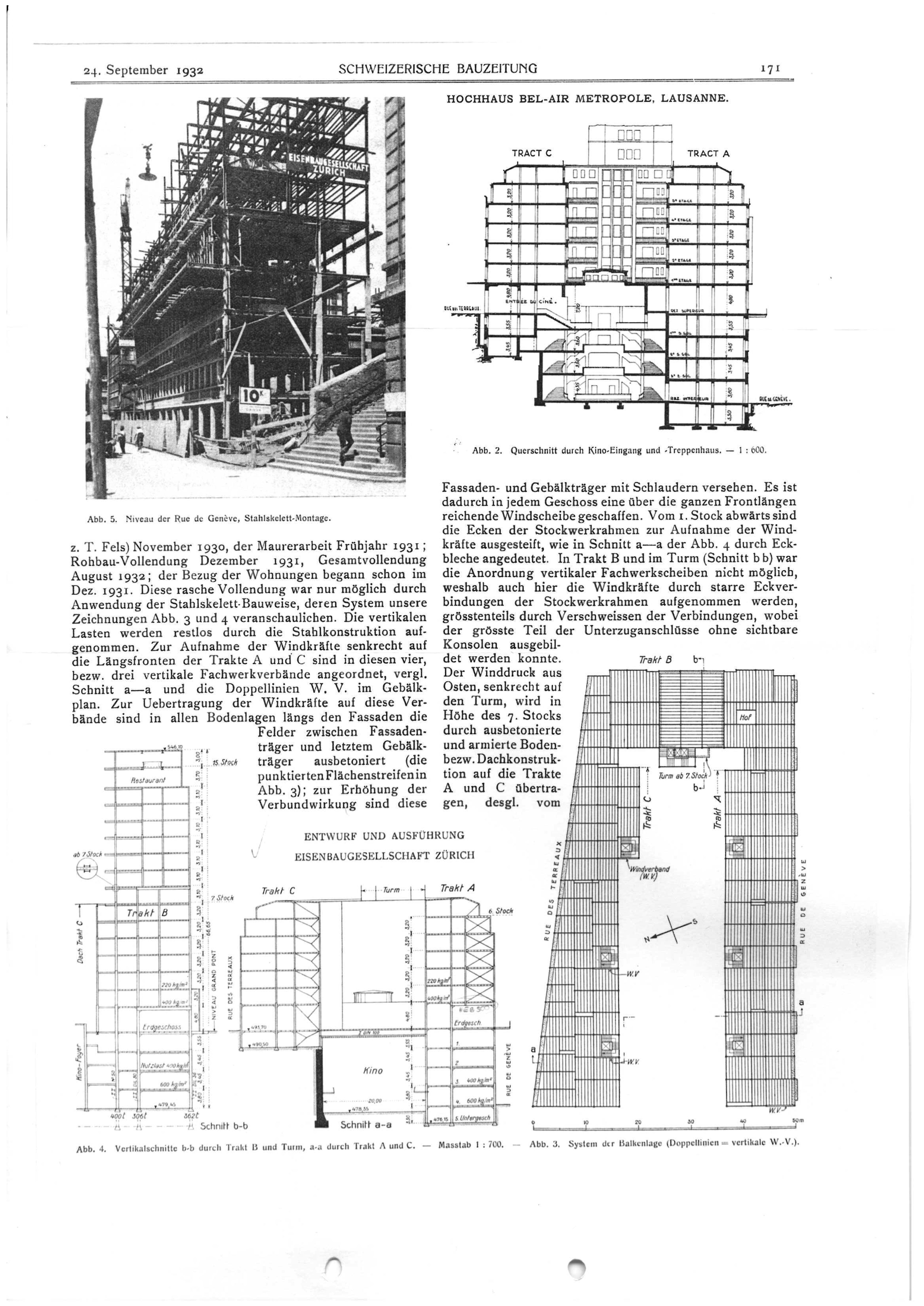 Coupe transversale de la tour (Schweizerische Bauzeitung, 1932)