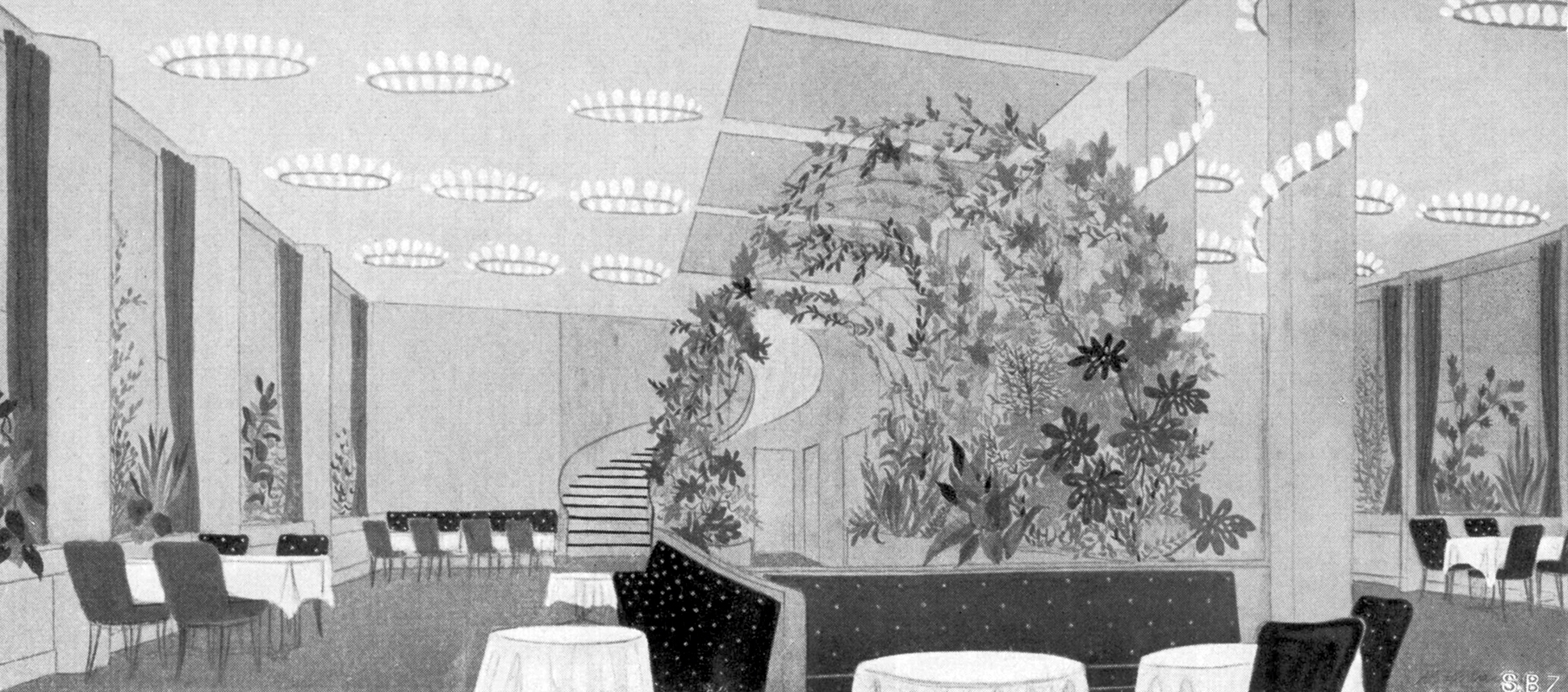 Prospettiva del ristorante in cima alla torre del Centro Svizzero. (Fonte: «Schweizerische Bauzeitung», n. 72, 1954)
