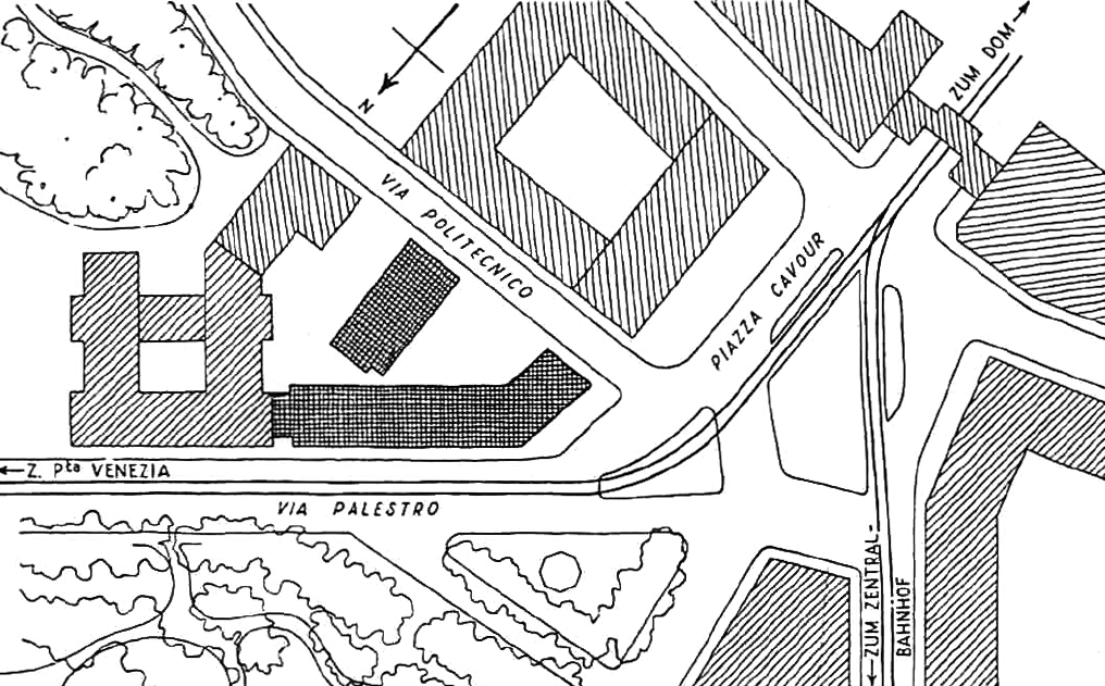 Impronta del Centro Svizzero nel contesto urbano (Fonte: Schweizerische Bauzeitung, 1954)