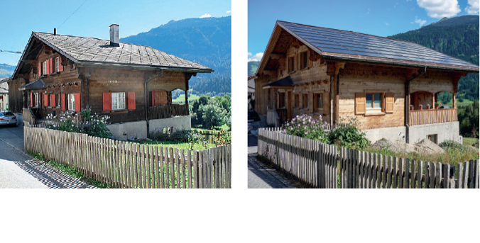 Norman Foster Solar Diplom für ein Wohnhaus in Schluein GR: Der Strickbau aus den 1950er-Jahren wurde saniert und erneuert. Die Solaranlage auf dem Dach ist sorgfältig ausgeführt, verändert aber dennoch den Charakter des Hauses grundlegend.