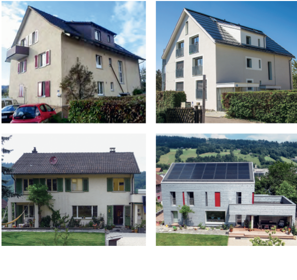 Standardaufgabe Sanierung im Mittelland mit unterschiedlicher Gewichtung. Ganz oben: Primat der Technik beim Vierfamilienhaus in Oberengstringen ZH (solarer Deckungsgrad 131 %). Darunter: Gestaltungswille hat Vorrang – Einfamilienhaus in ­Malters LU (solarer Deckungsgrad 76 %).