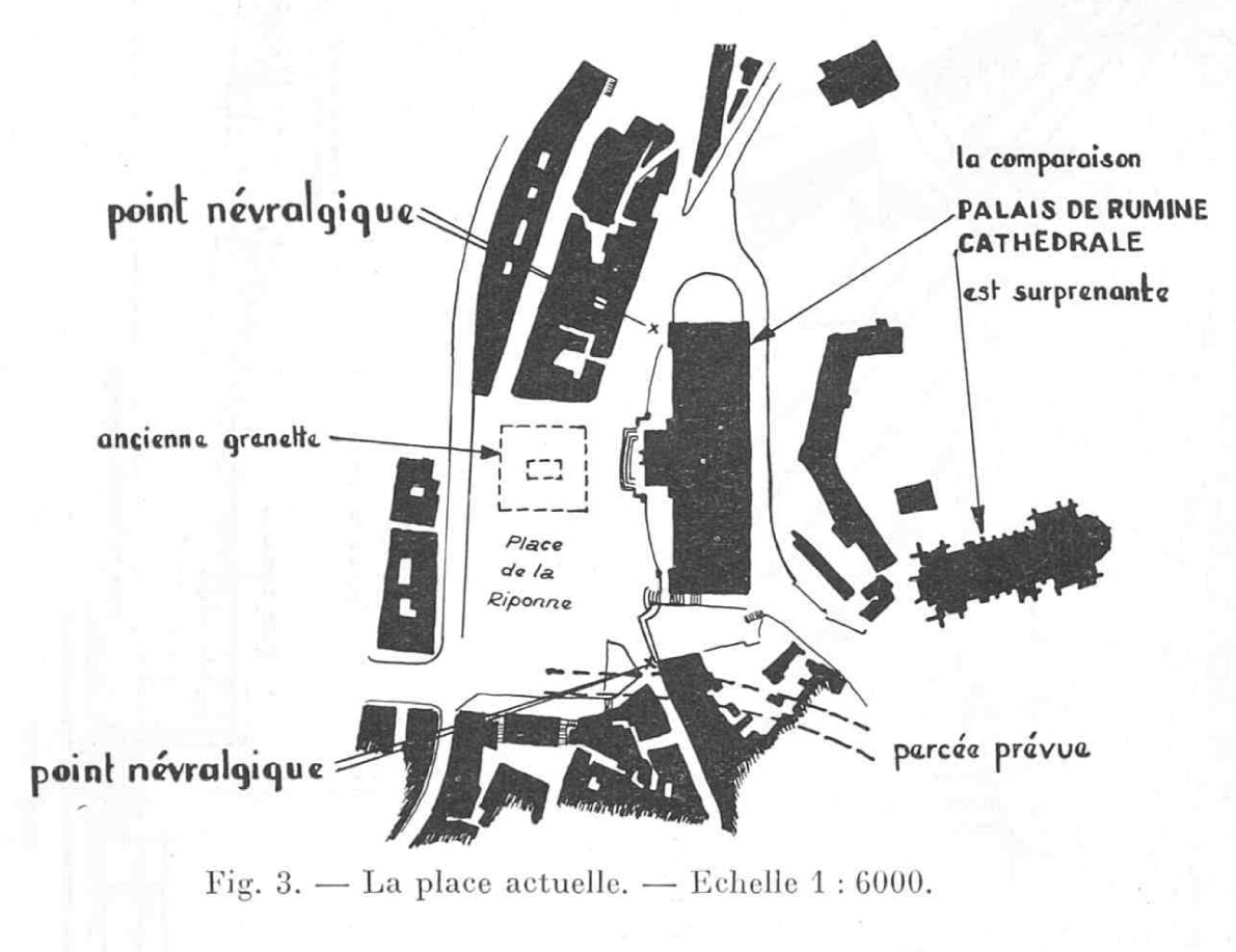 Projet de réaménagement de la place de la Riponne imaginé par les autorités en 1939 (Bulletin technique de la Suisse romande, 1939, n° 6)