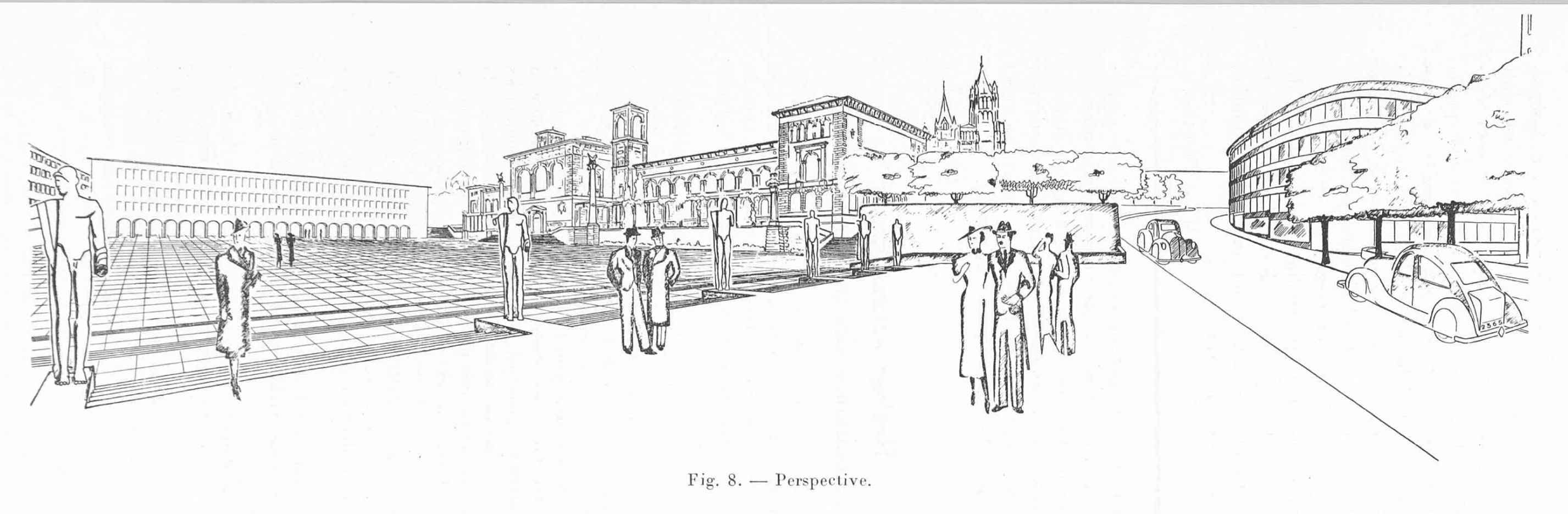 Projet de réaménagement de la place de la Riponne imaginé par les autorités en 1939 (Bulletin technique de la Suisse romande, 1939, n° 6)