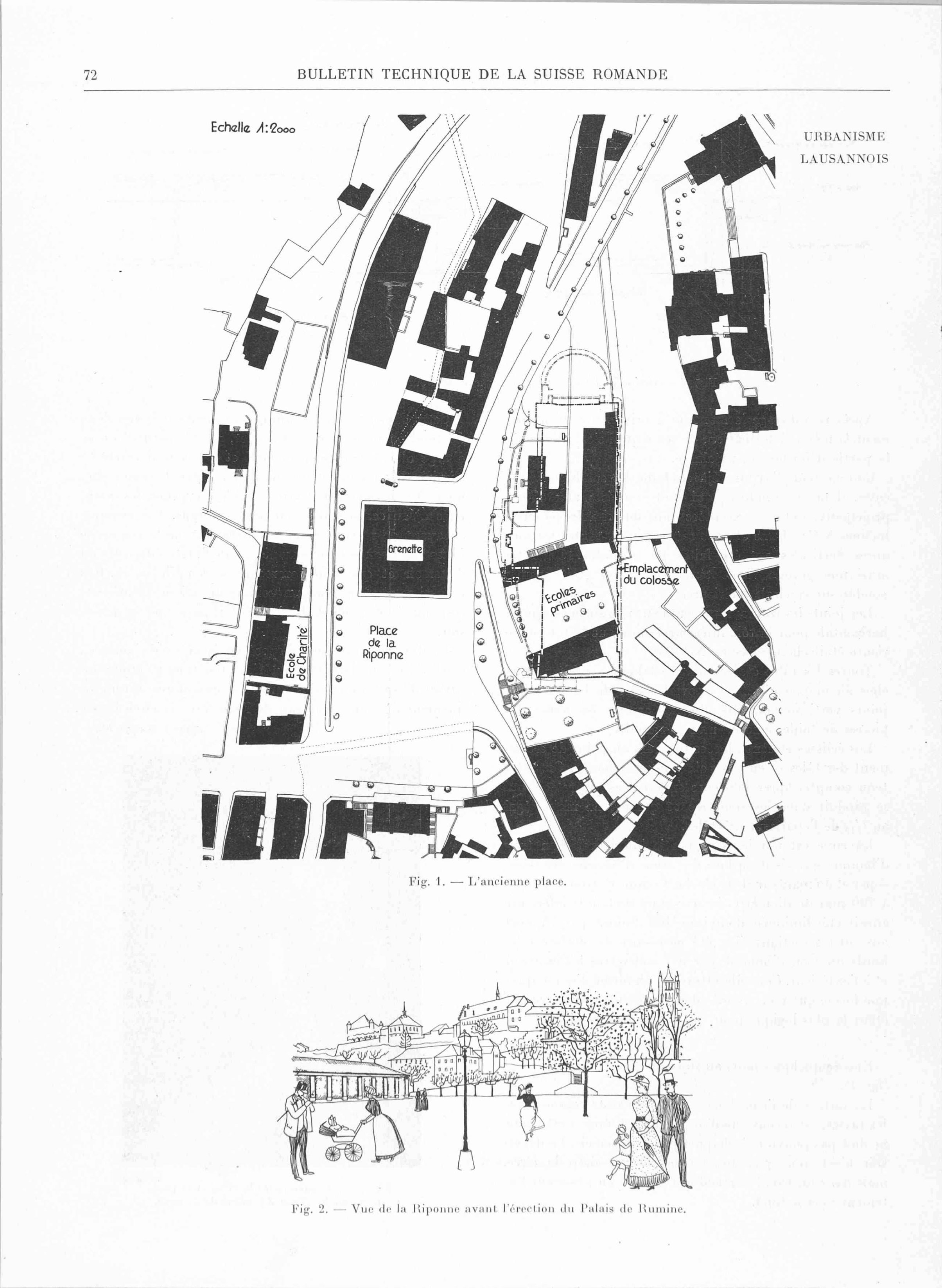 Projet de réaménagement de la place de la Riponne imaginé par les autorités en 1939 (Bulletin technique de la Suisse romande, 1939, n° 6)