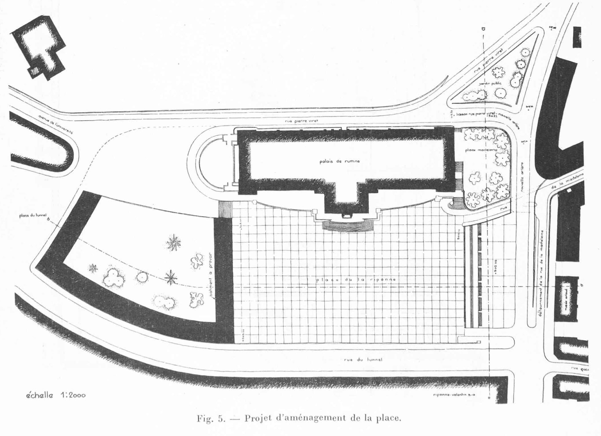Projet de réaménagement de la place de la Riponne imaginé par les autorités en 1939 (Bulletin technique de la Suisse romande, 1939, n° 6)