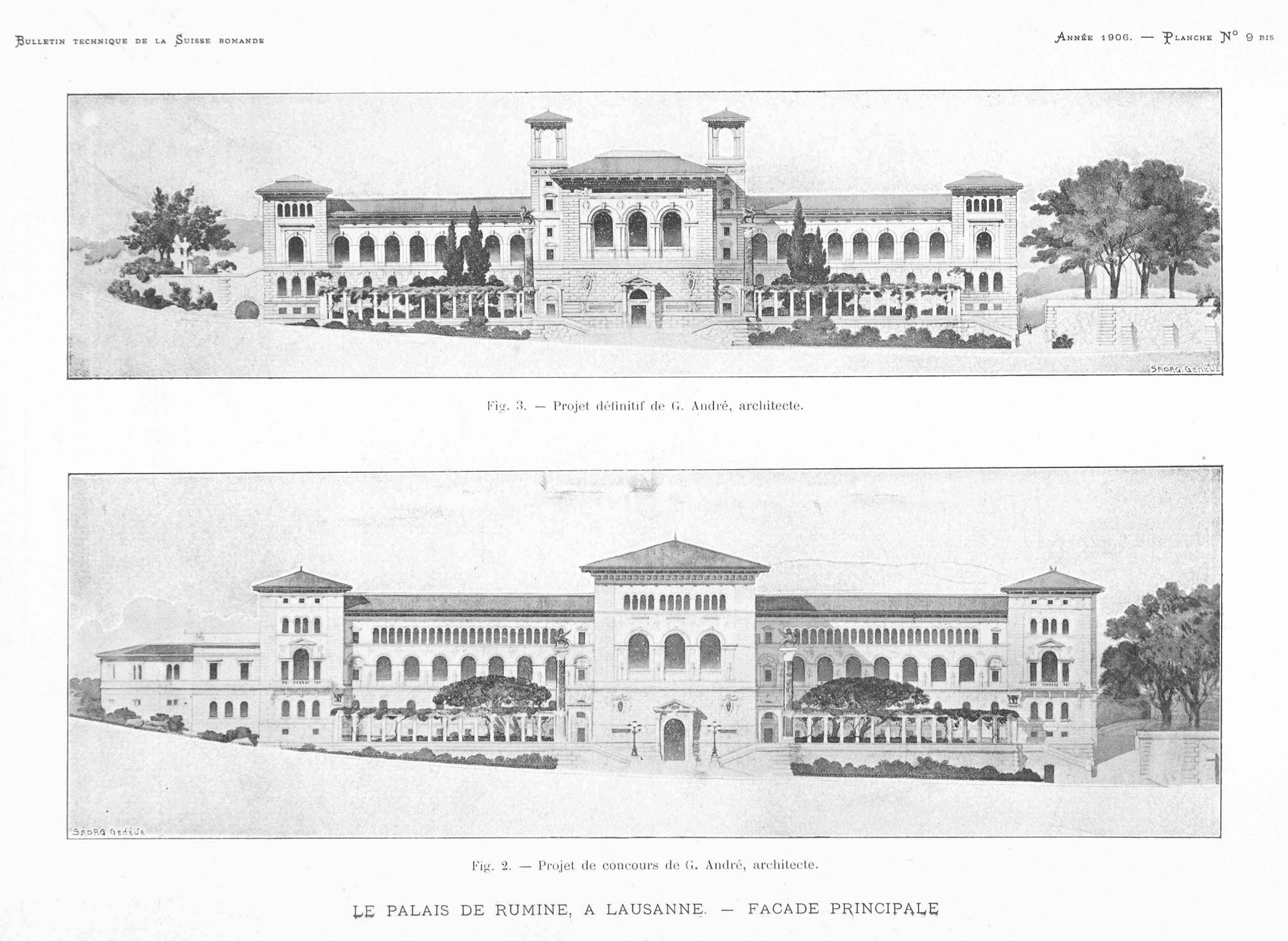 La façade du palais de Rumine revisitée par l’architecte lyonnais Gaspard André (Bulletin technique de la Suisse romande, 1906, n° 32)