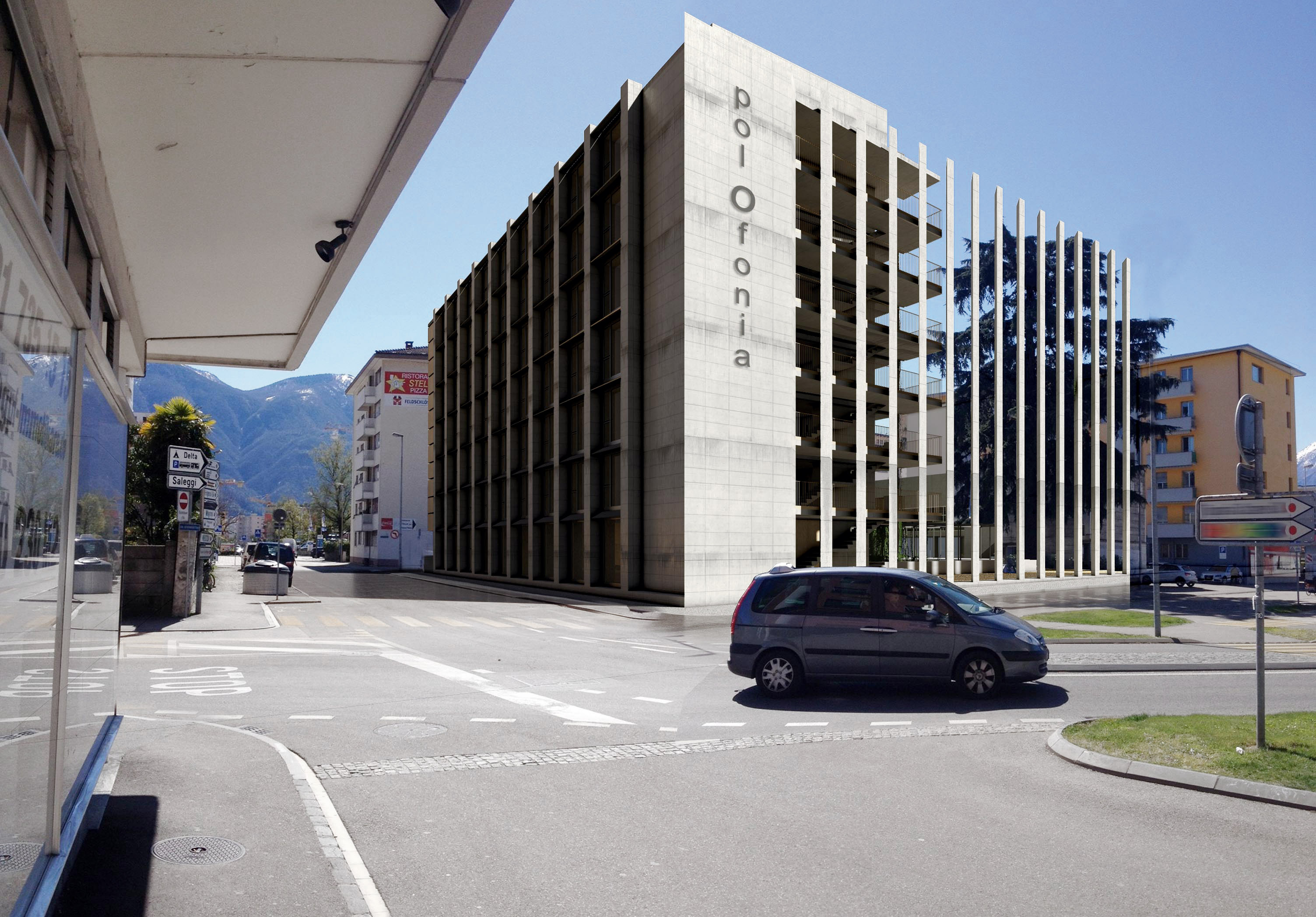 Studio Vacchini architetti, Edificio PolOfonia, Locarno, vista dalla rotonda (Fotorender: Massimo Uriati)