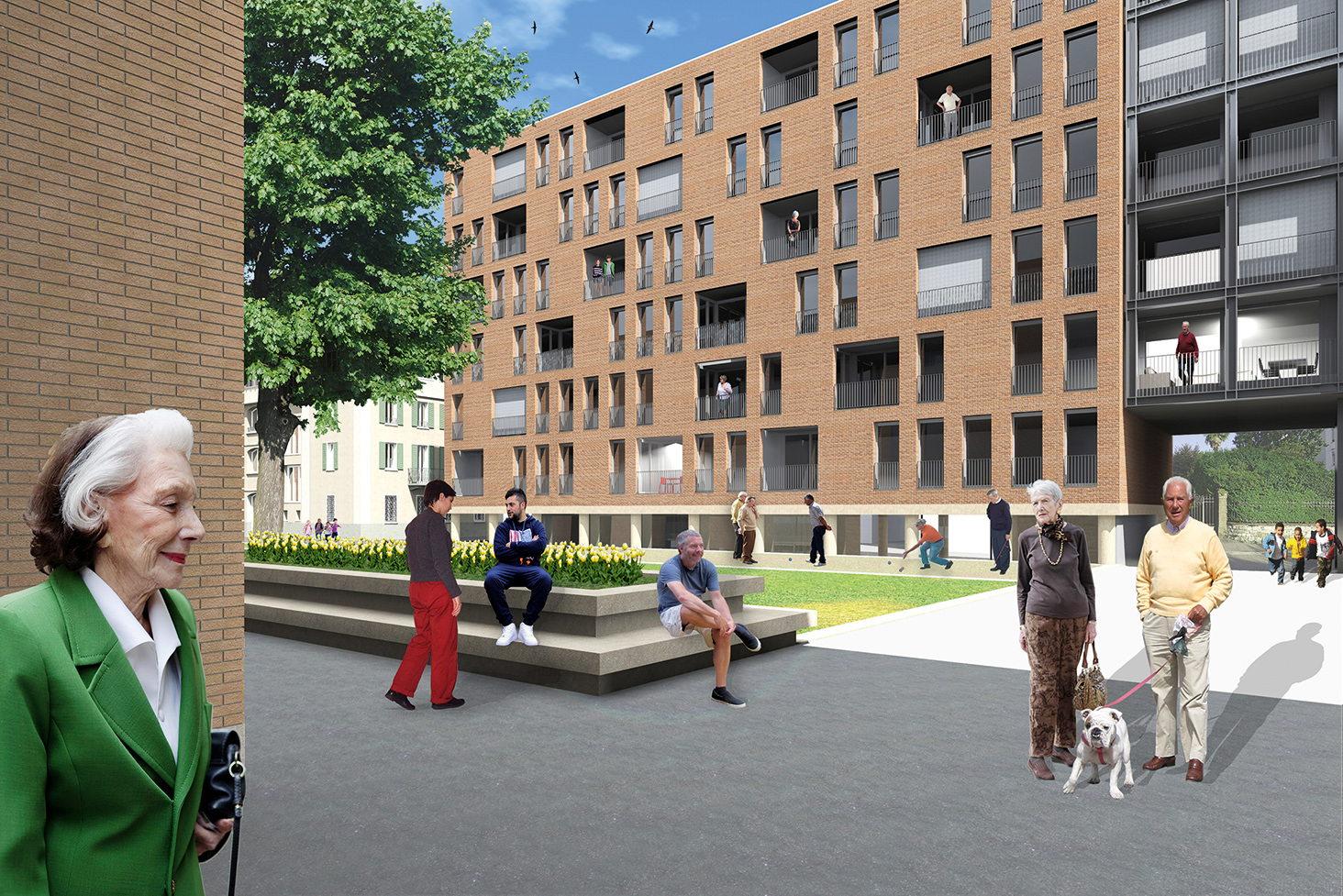 Enrico Sassi, Andrea Palladino, Nuovo Isolato Vanoni, Lugano, cor te interna dell’edificio con appar tamenti a misura di anziano. Sullo sfondo l’edificio storico che ospita la scuola speciale (Fotorender: Studio Enrico Sassi)