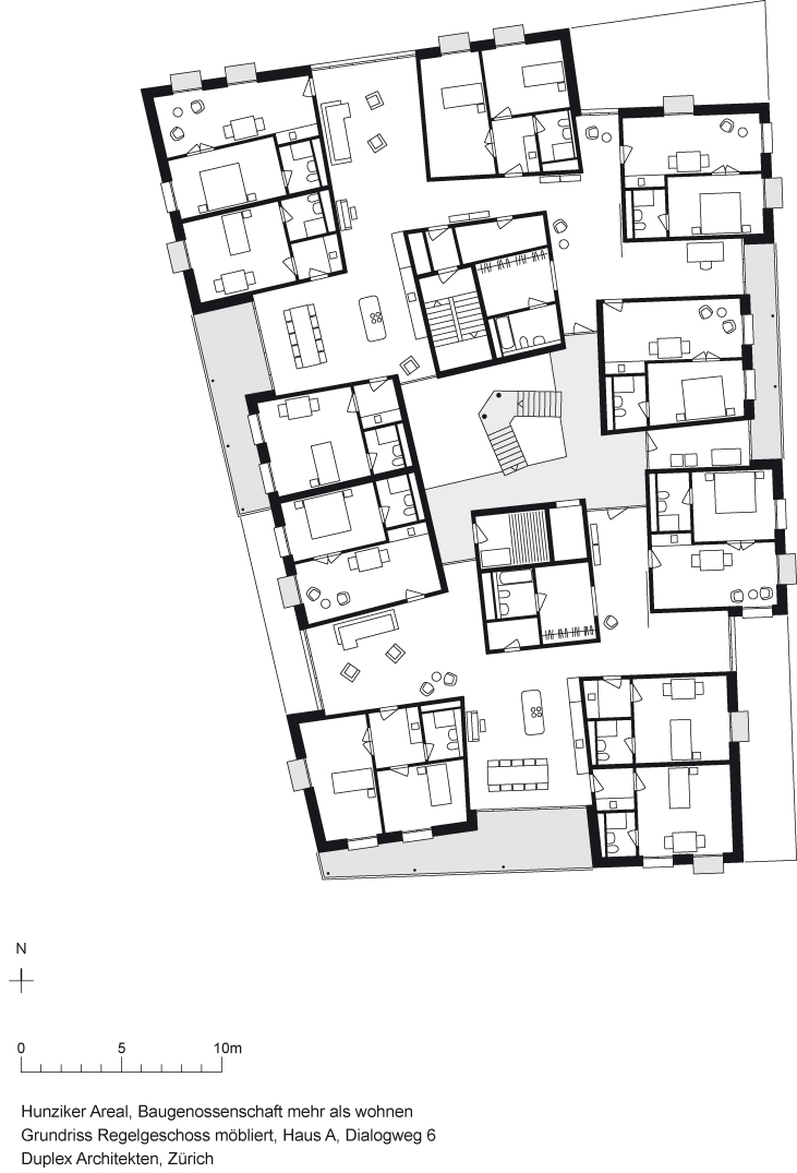 Duplex Architekten, pianta piano tipo, tipologia A, Hunzikerareal, Zurigo Leutschenbach, 2009. (Foto: Michael Egloff)