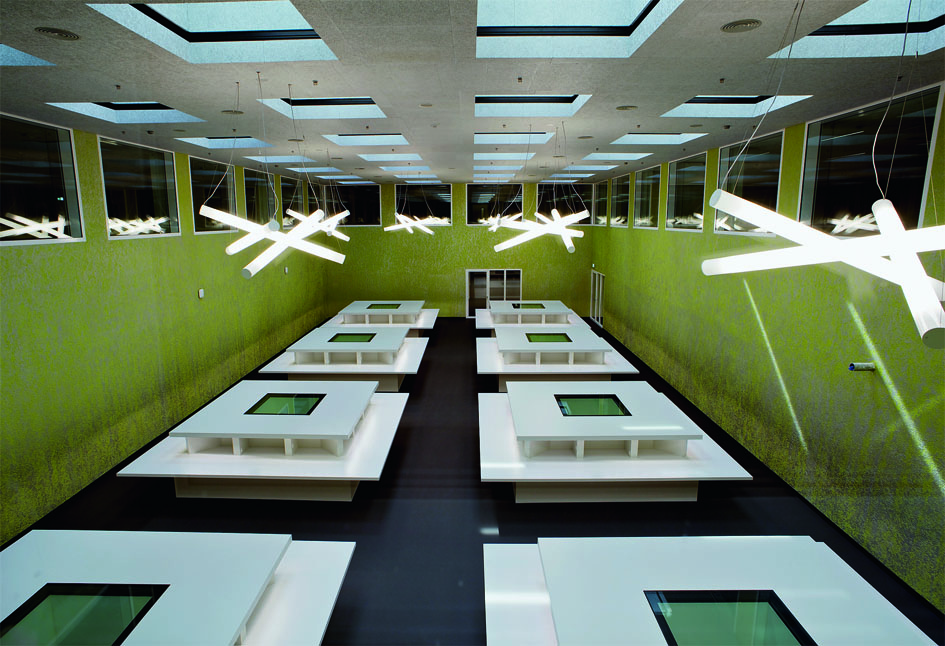Der grosse Lesesaal im westlichen Bereich der Bibliothek (signalisiert mit der olivgrünen Farbe und den als «Kreuzbeige» angeordneten Leuchtröhren) unter dem Lichthof