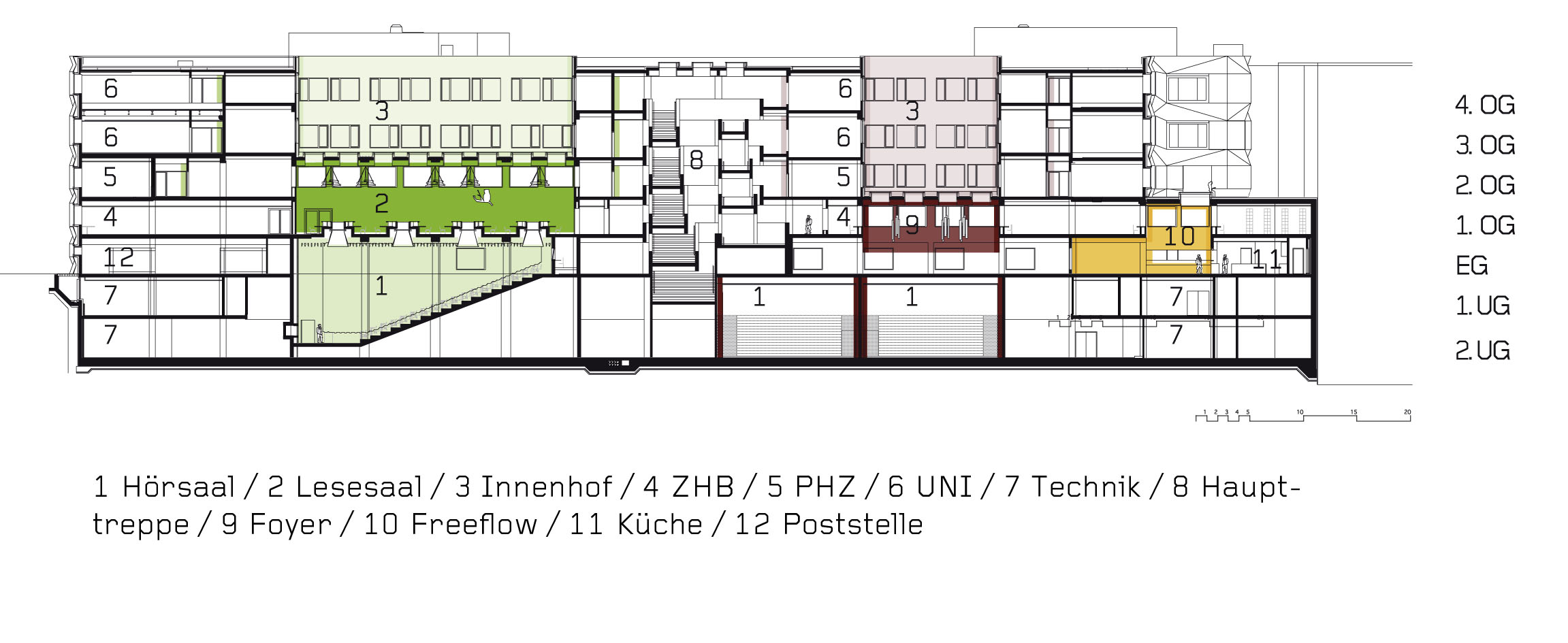 Längsschnitt mit Andeutung des Farbkonzepts: Oliv für den Westflügel, Bordeaux für den Osttrakt und Orange für die Mensa