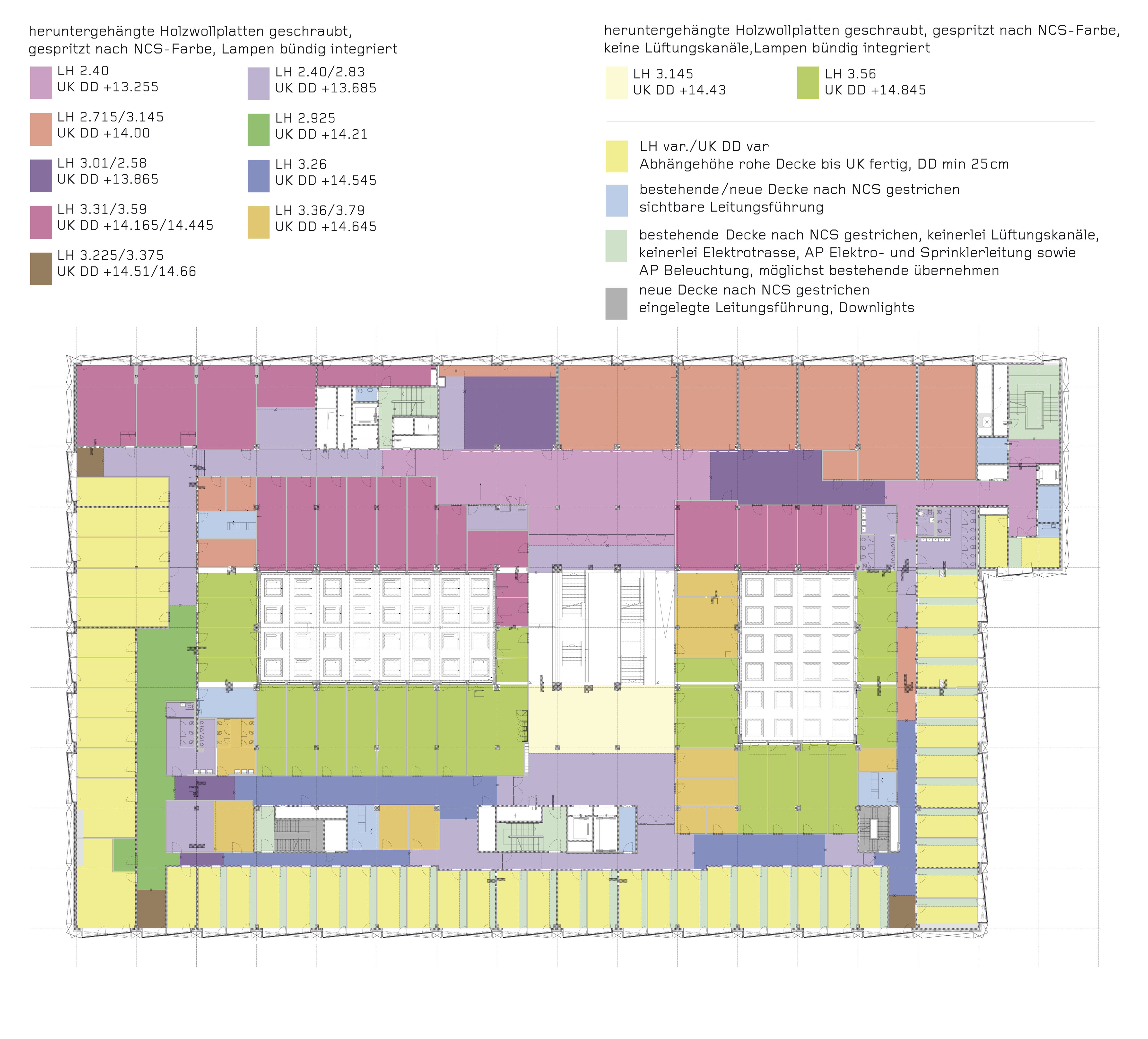 Farbig akzentuierte Deckenlandschaft des 3. OG: Die unterschiedlichen Niveaus resultieren aus der Positionierung der Haustechnik: Die lichte Höhe kann innerhalb derselben Farbe in Abhängigkeit der Konstruktionshöhe der ­Decke variieren