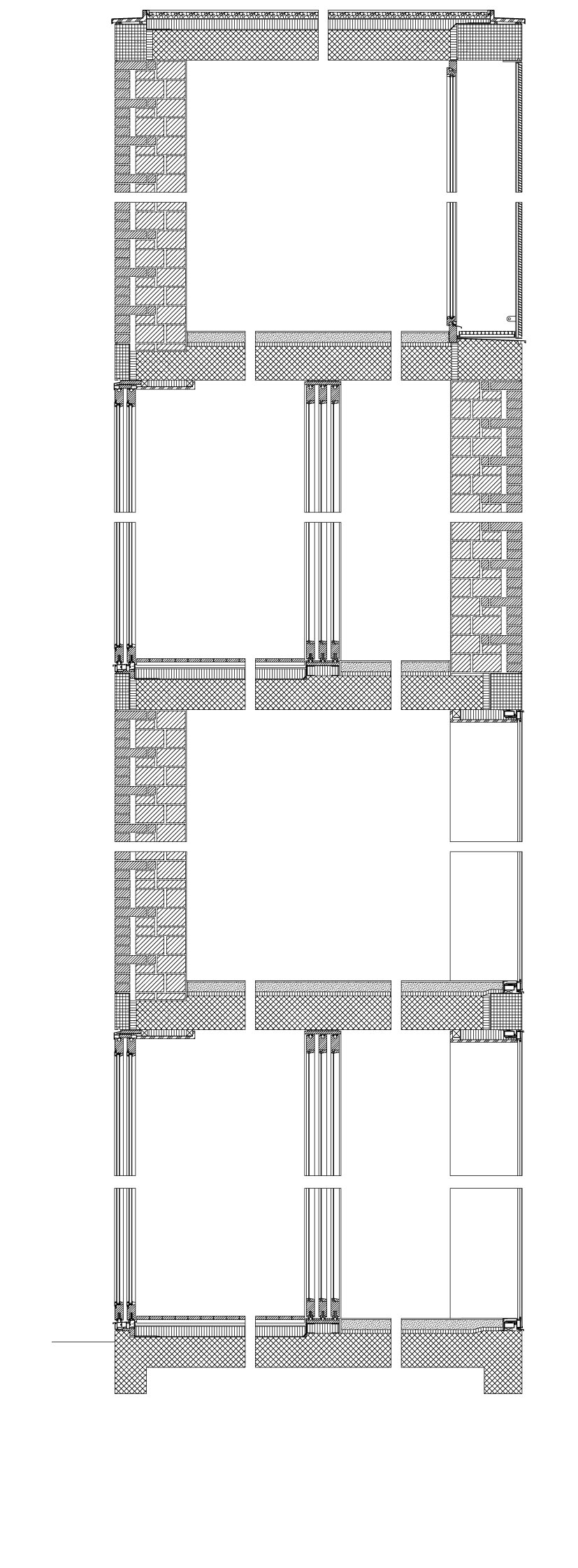 Fassadenschnitt Mehrfamilienhaus Martinsbergstrasse, Baden; Architekten: Burkard Meyer, Baden; Tragwerksplanung: MWV Bauingenieure, Baden: Verzahnung grossformatiger, wärmedämmender Hochlochziegel auf der Raum­seite mit kleinen Formaten als Aussenhaut