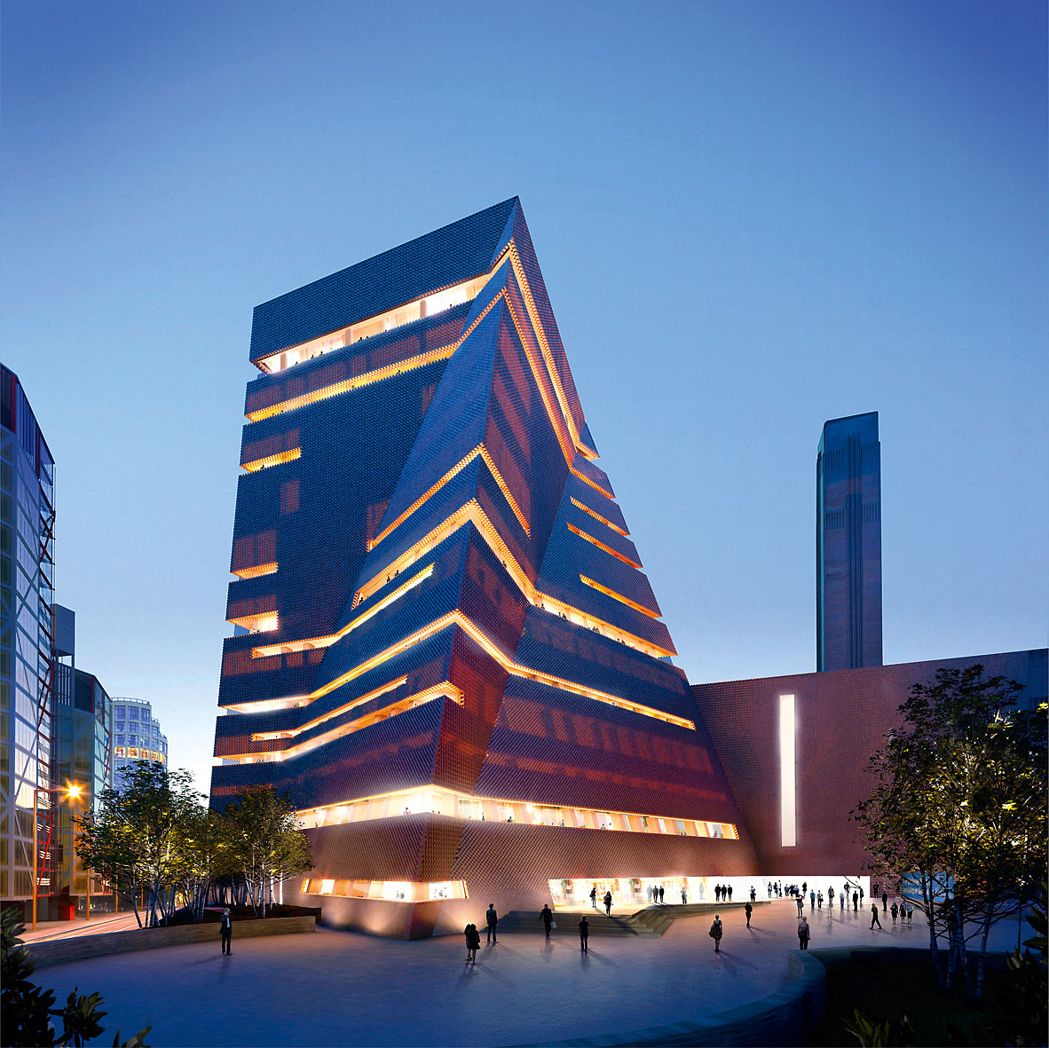 Tate Modern Project. Horizontale Sichtschlitze entledigen die Anmutung der Gebäudehülle von jeder Tektonik und lassen das Tragwerk im Innern erahnen. Architekten: Herzog &amp; de Meuron, Basel; Tragwerksplaner: Ramboll, London